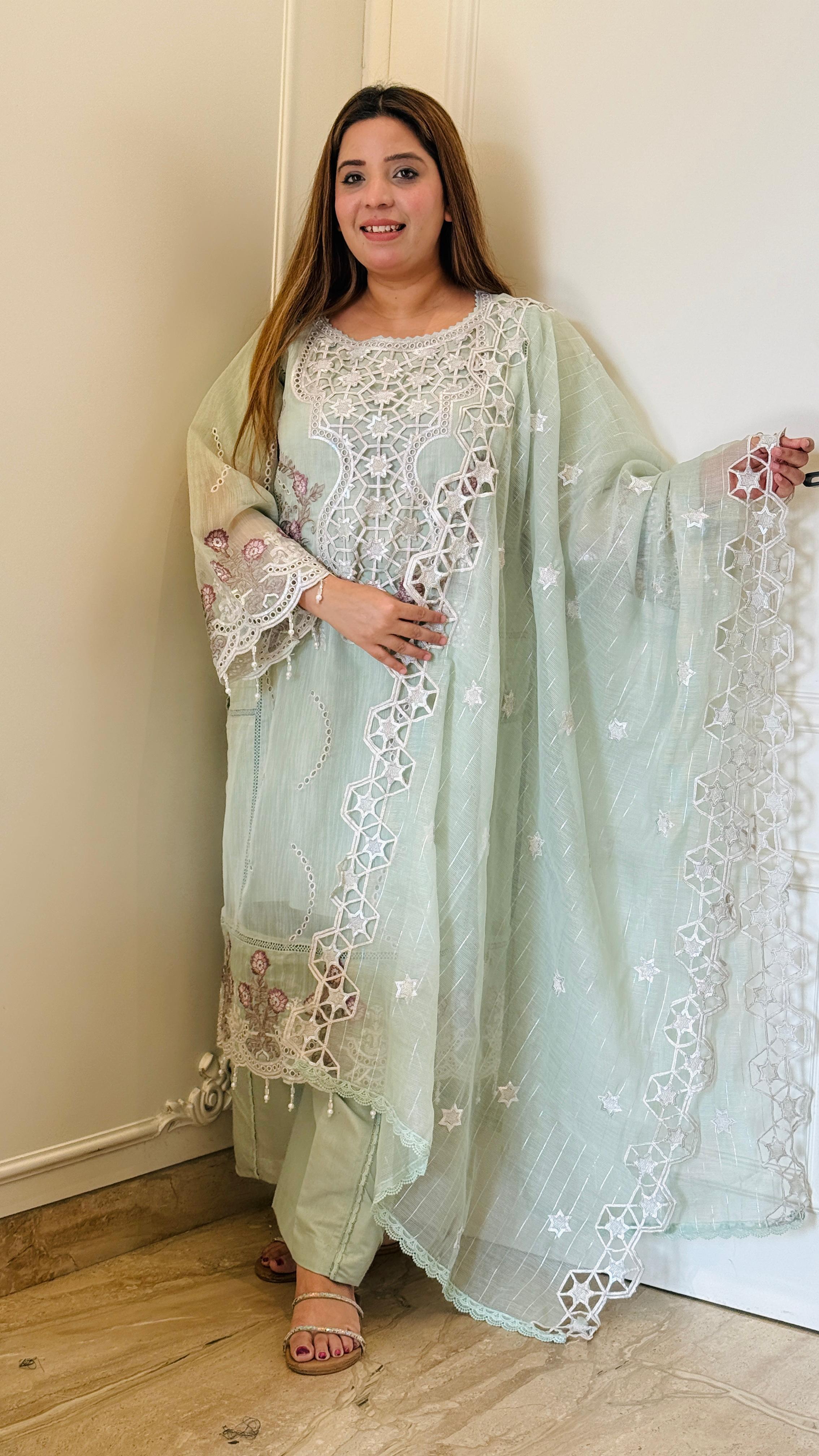 Zarmina Lace Elegance Suit Set – Green, Blue, Lavender