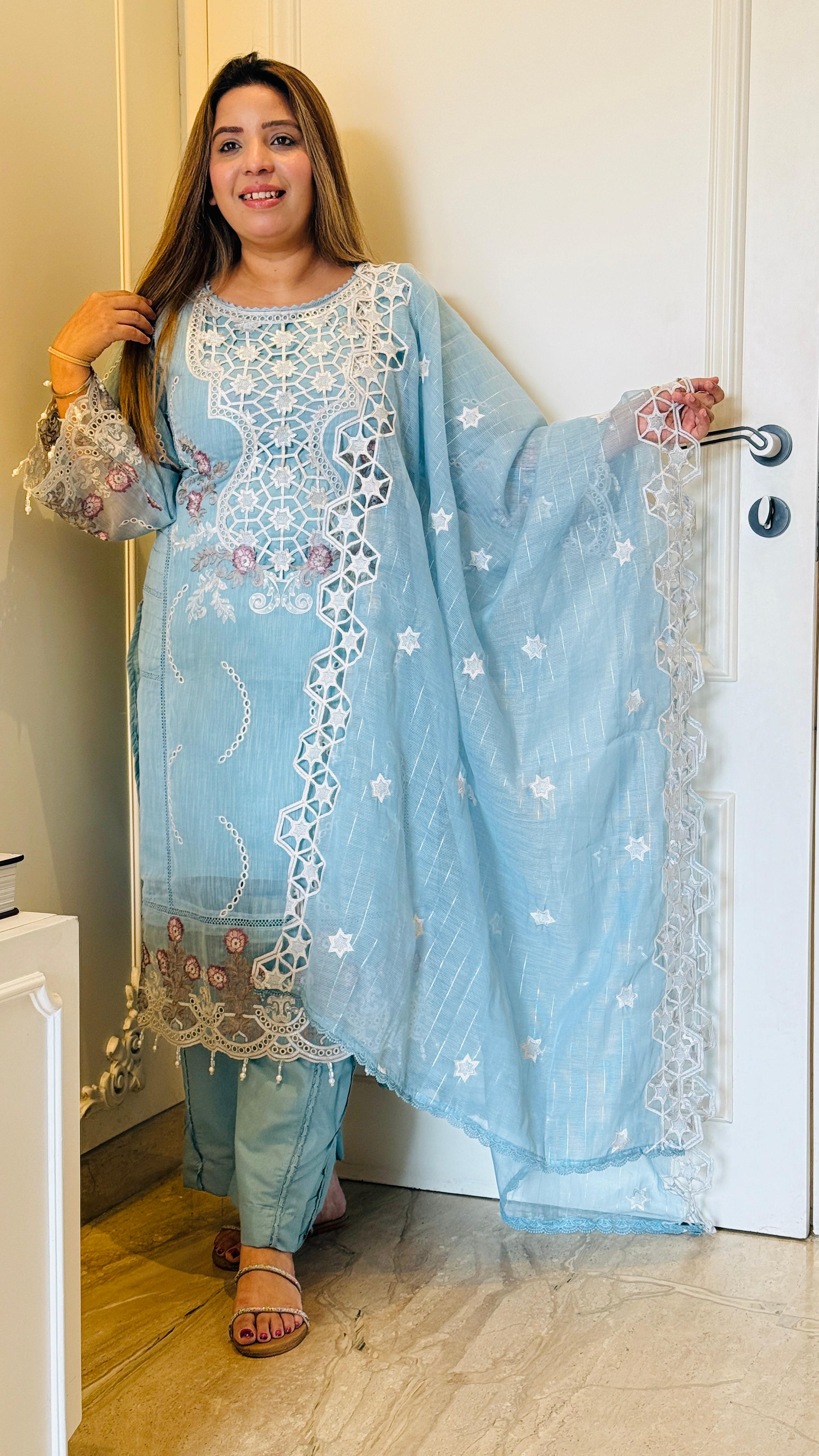 Zarmina Lace Elegance Suit Set – Green, Blue, Lavender