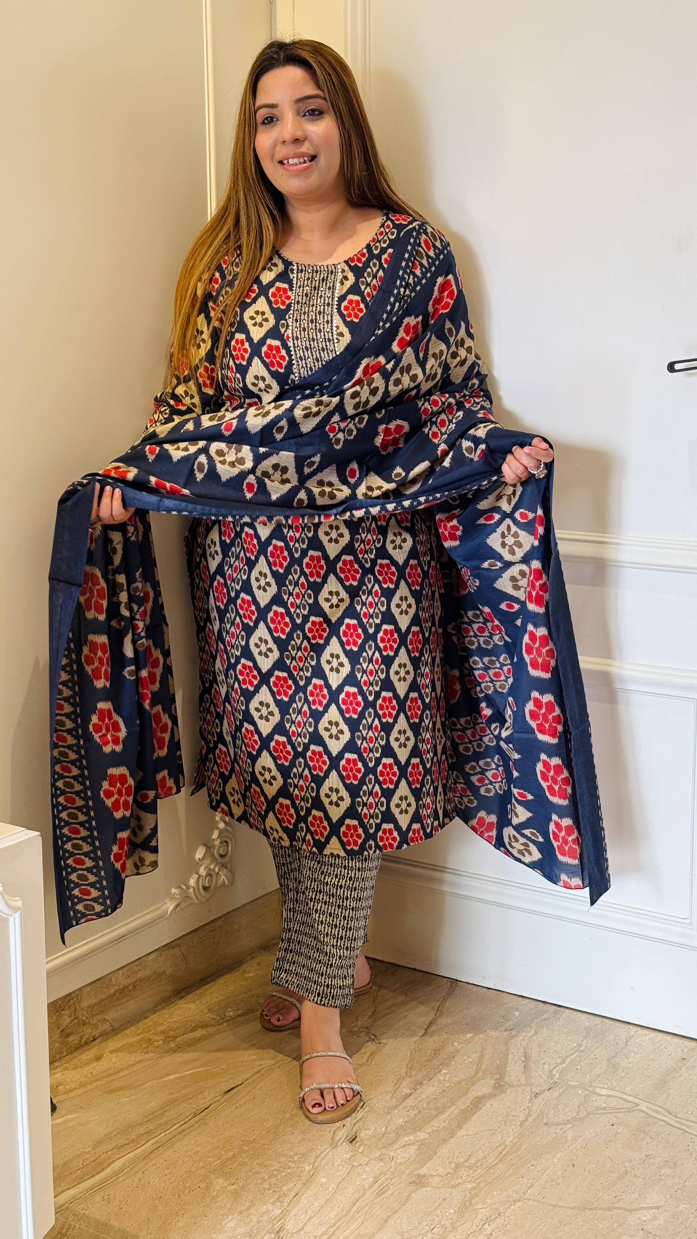 Mehroon & Navy Elysian Grace Cotton Suit Set