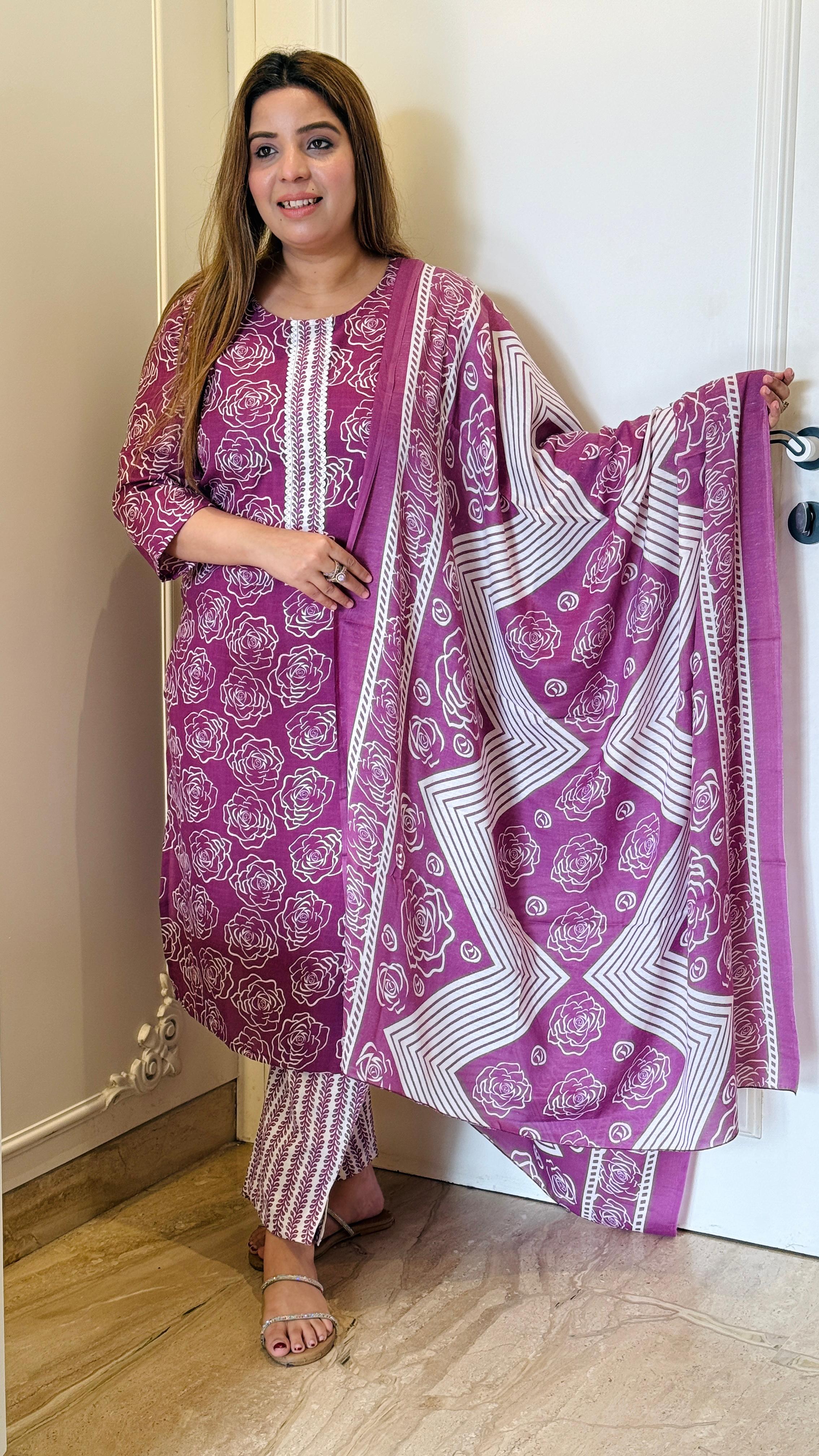 Blue & Purple Serene Cotton Suit Set