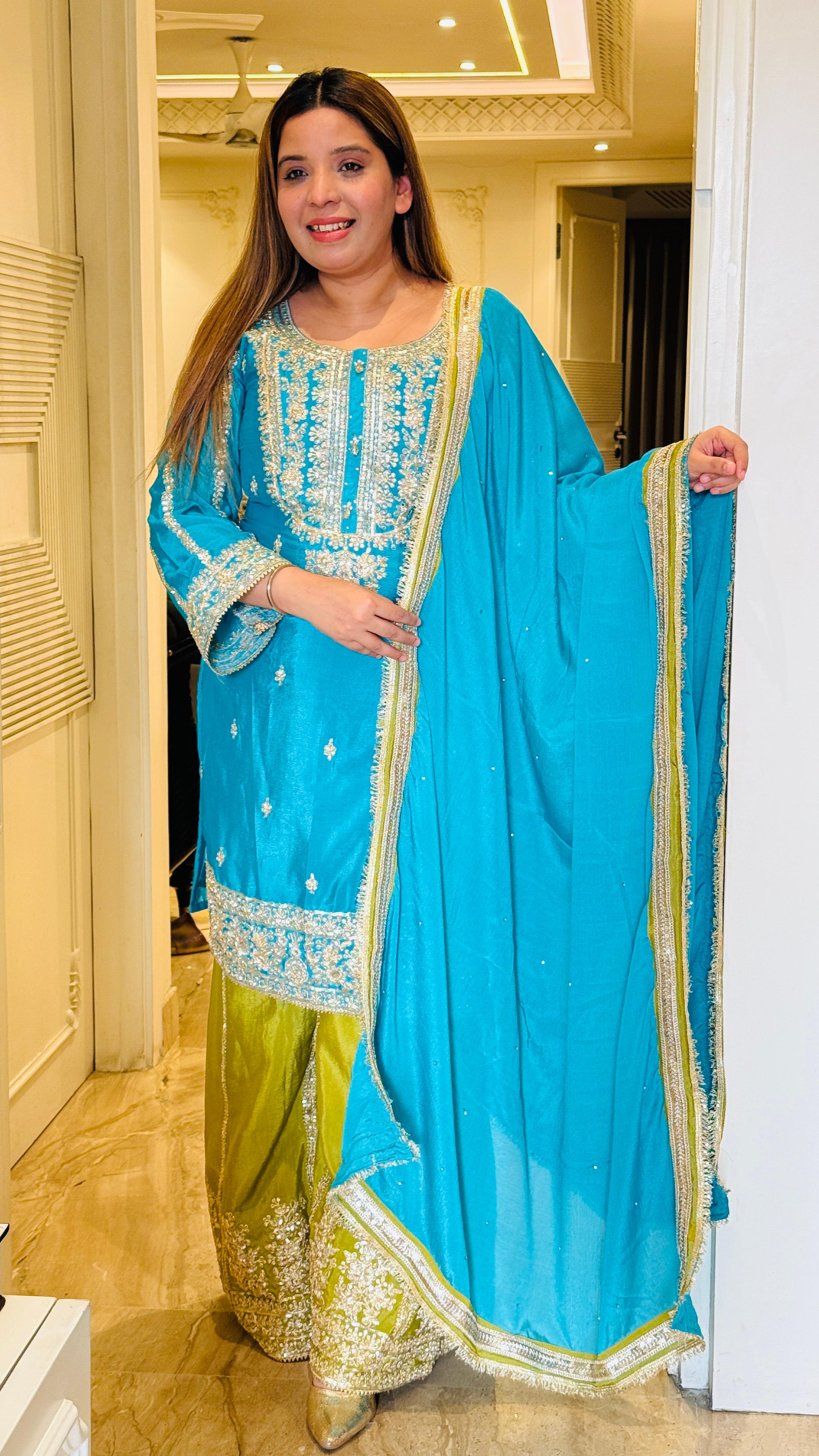 Turquoise Blue & Olive Green Party Sharara Suit Set