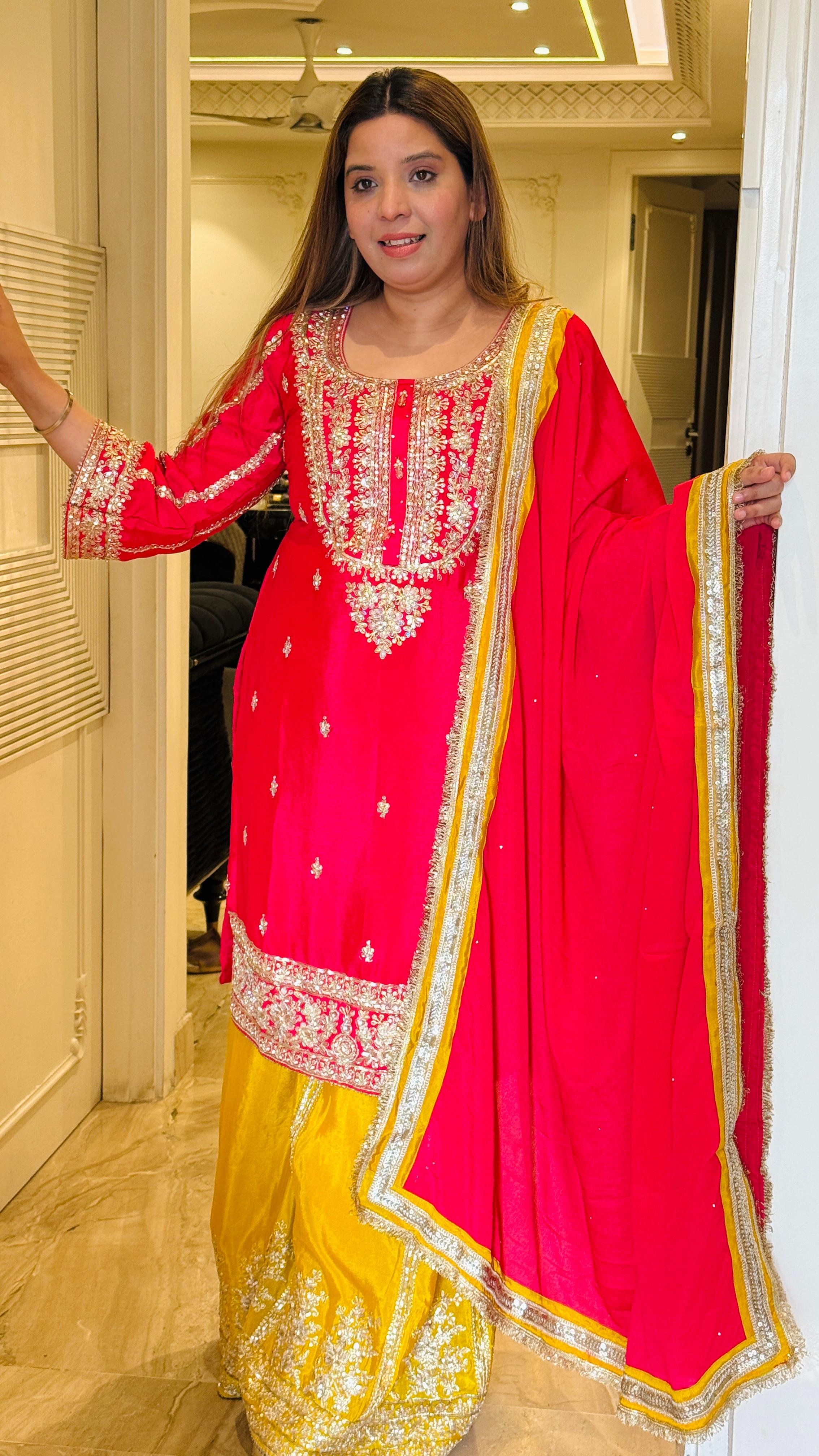 Turquoise Blue & Olive Green Party Sharara Suit Set