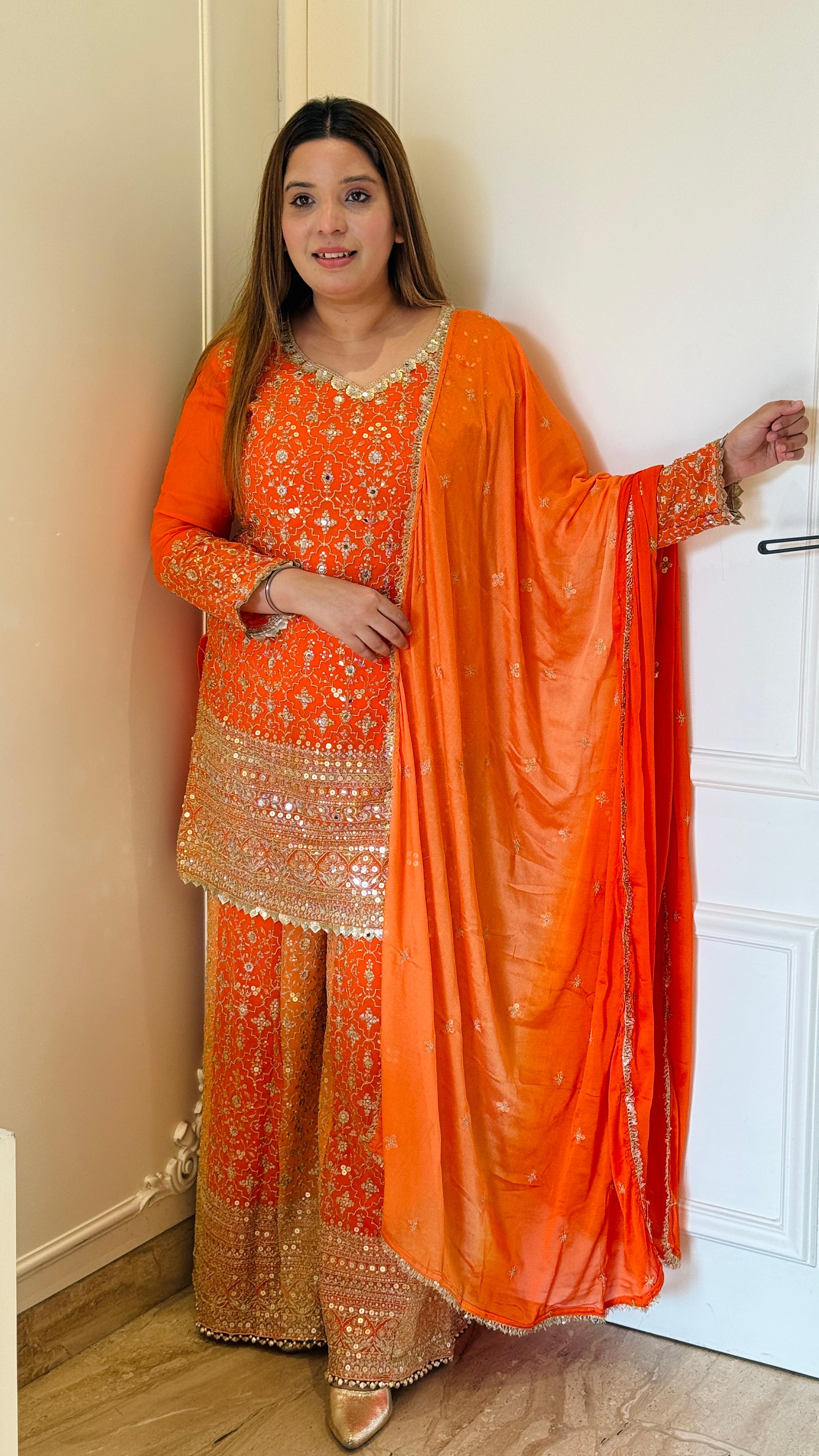 Vibrant Orange & Gold Majestic Sharara Suit