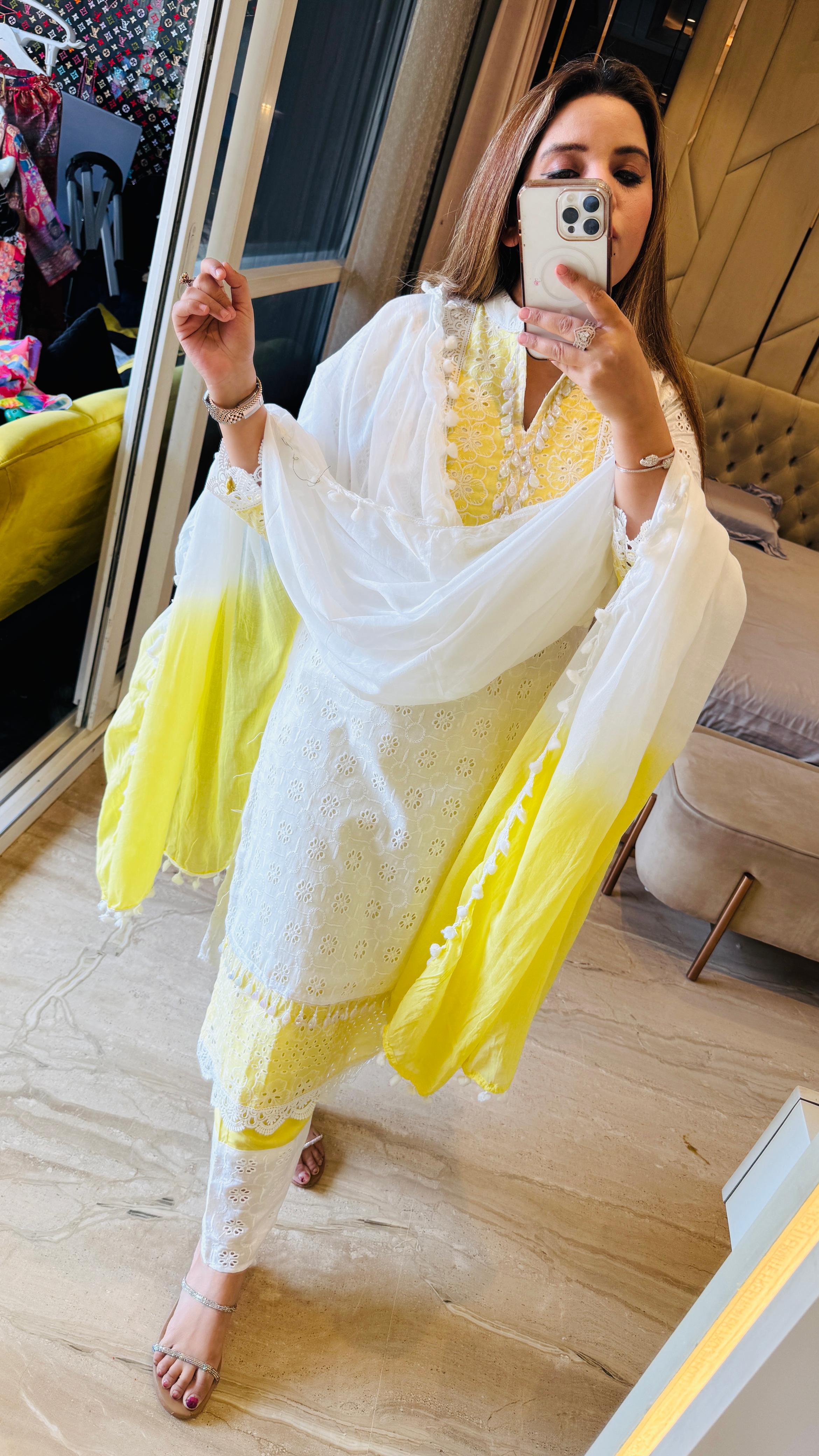 White-Yellow Aafreen Chikan Suit Set