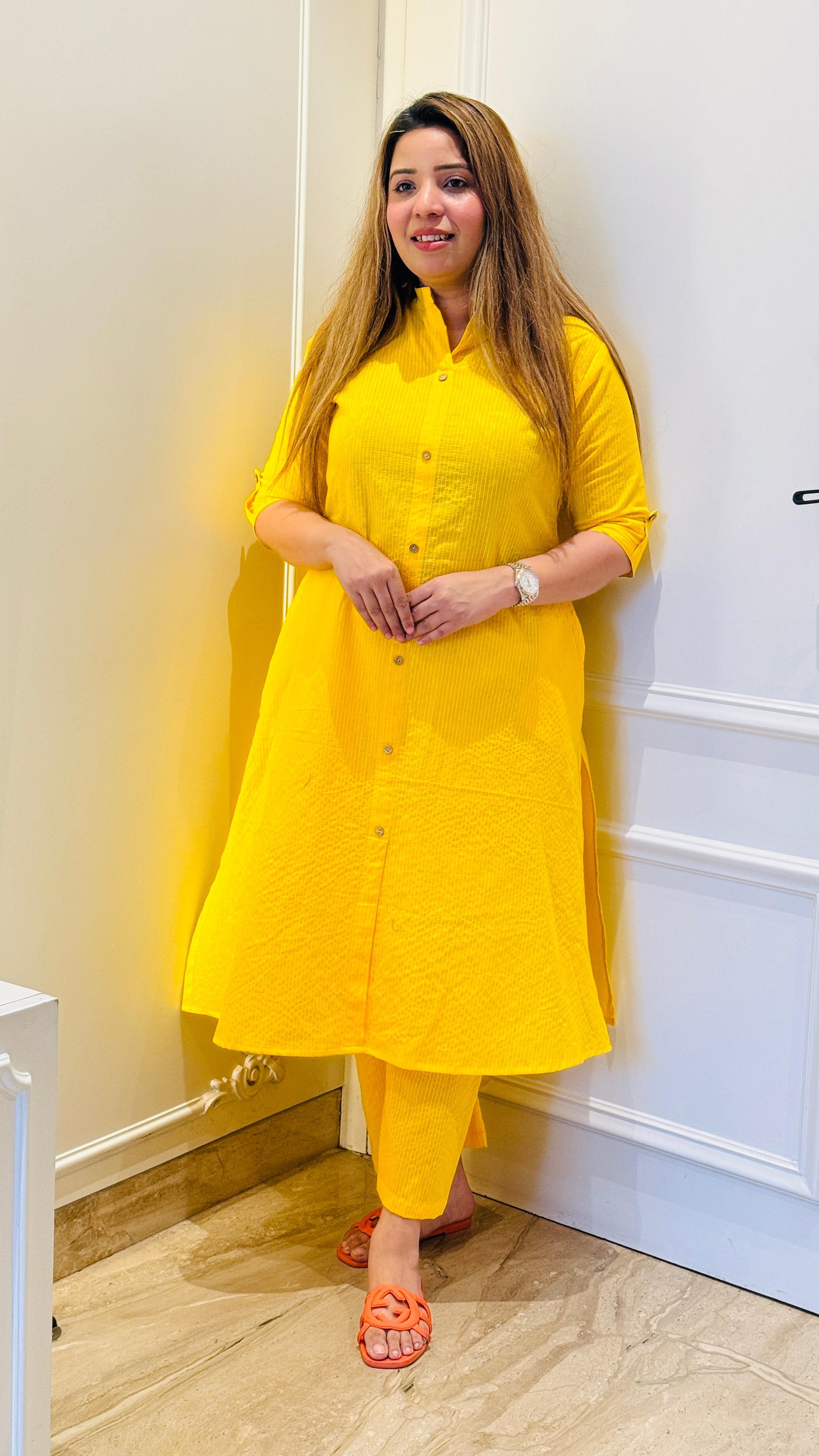 Yellow, White, Green, Purple & Navy Blue A-Line Cotton Kurta