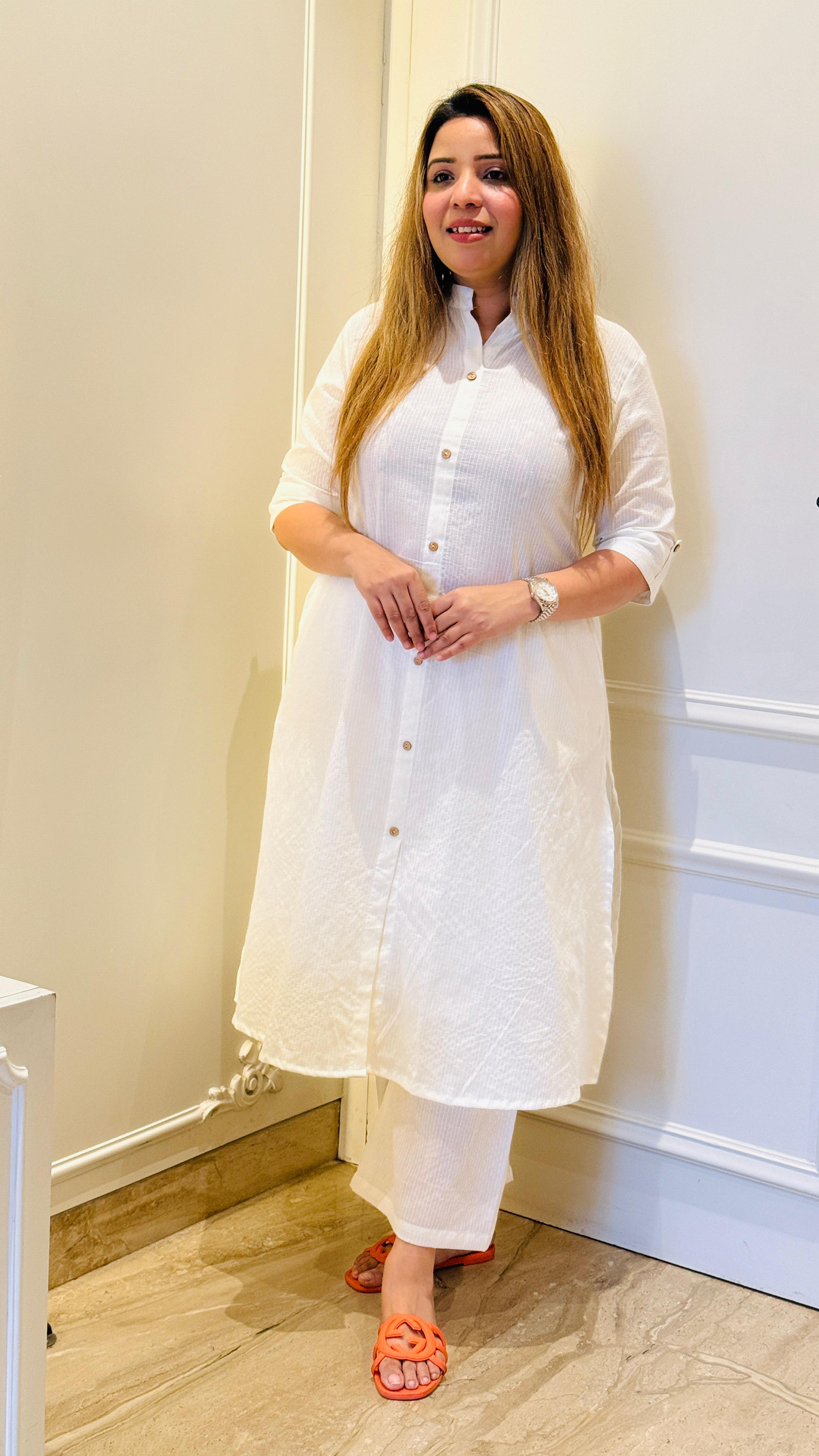 Yellow, White, Green, Purple & Navy Blue A-Line Cotton Kurta