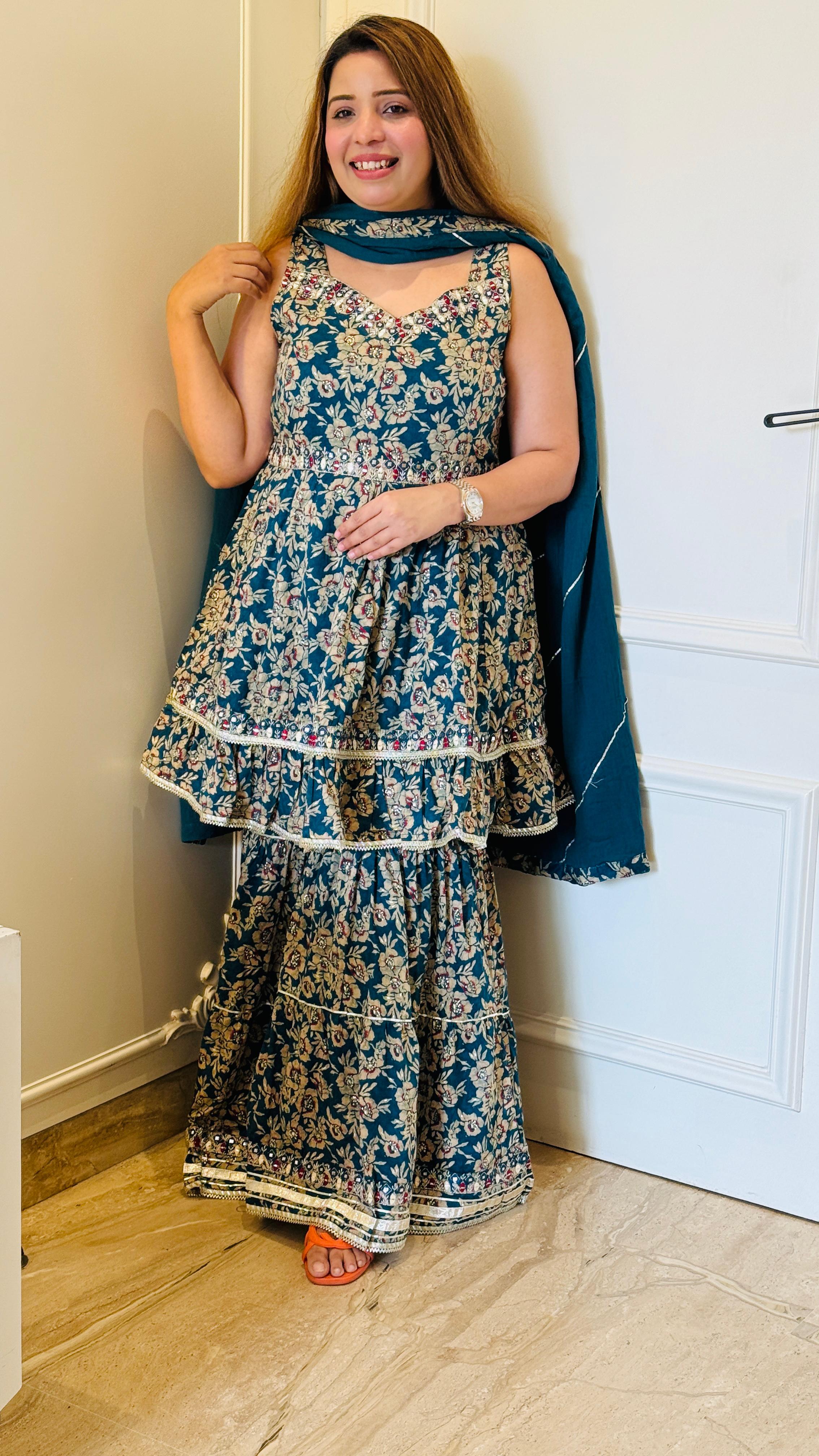 Blue & Off White Mal Cotton Garara Suit Set