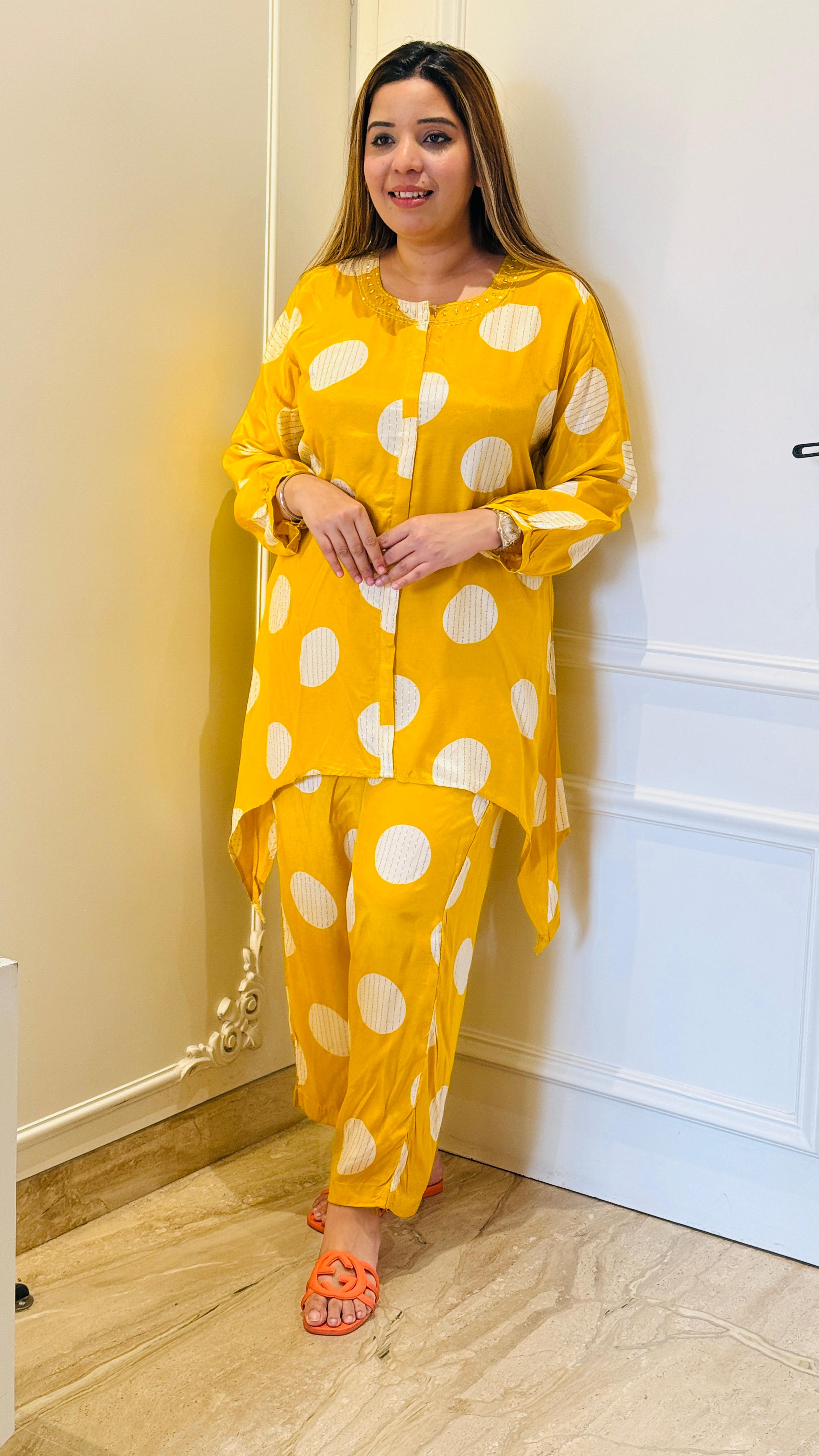 Yellow with White Diva Maslin Polka Co-ord Set