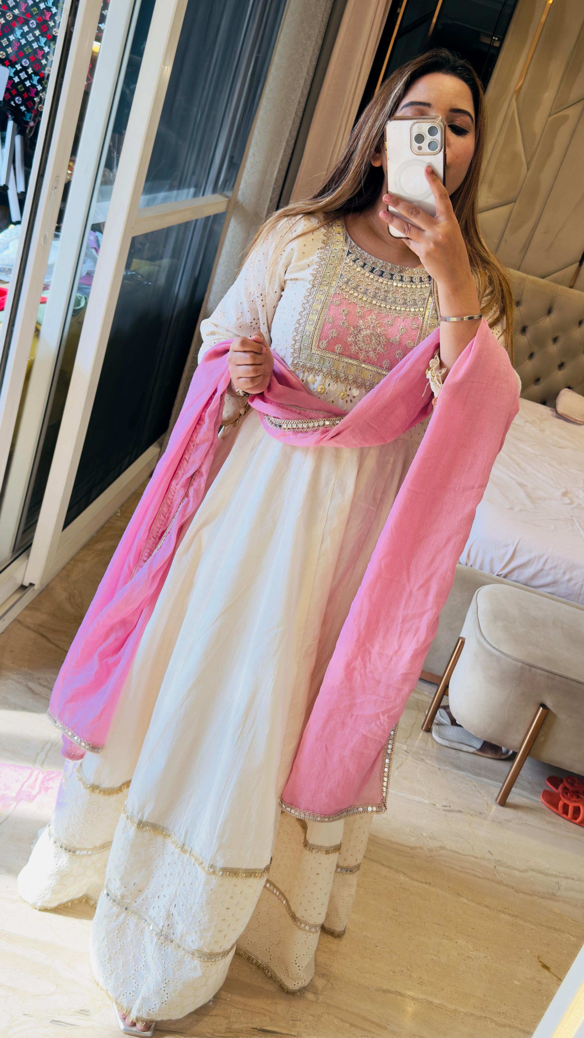 White with Baby Pink Royal Anarkali Suit