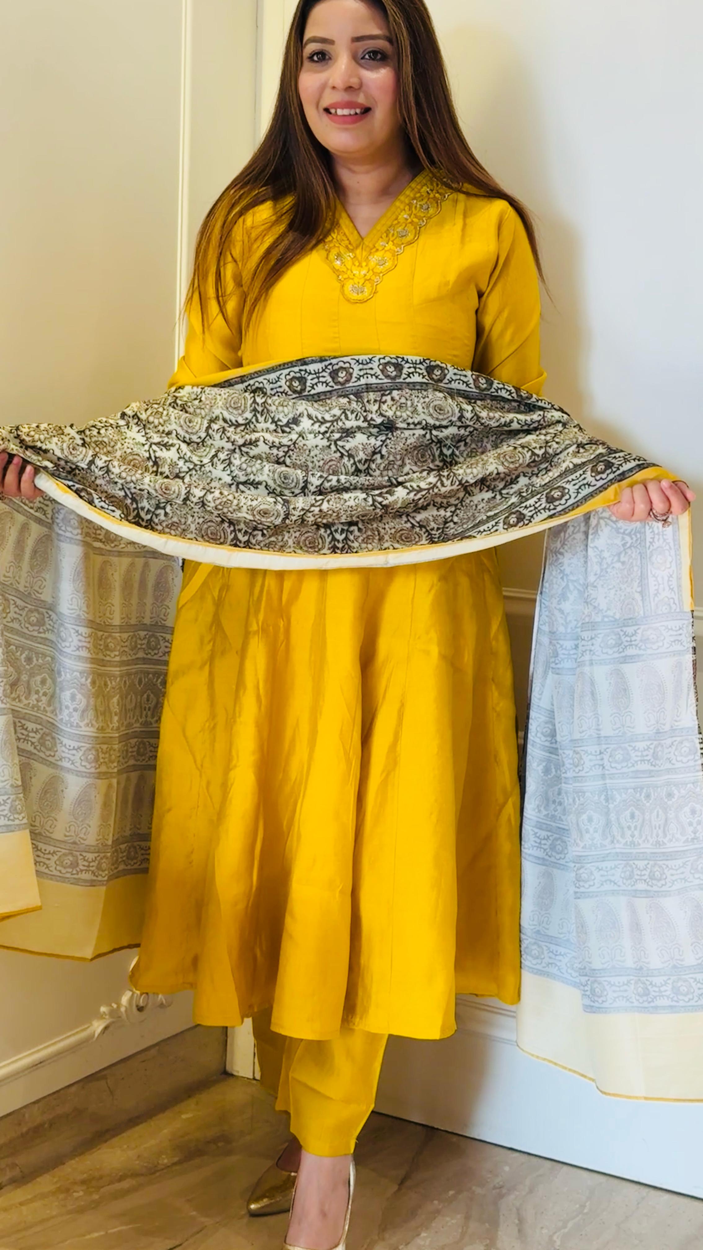 Ayesha Yellow Maslin Anarkali Suit Set