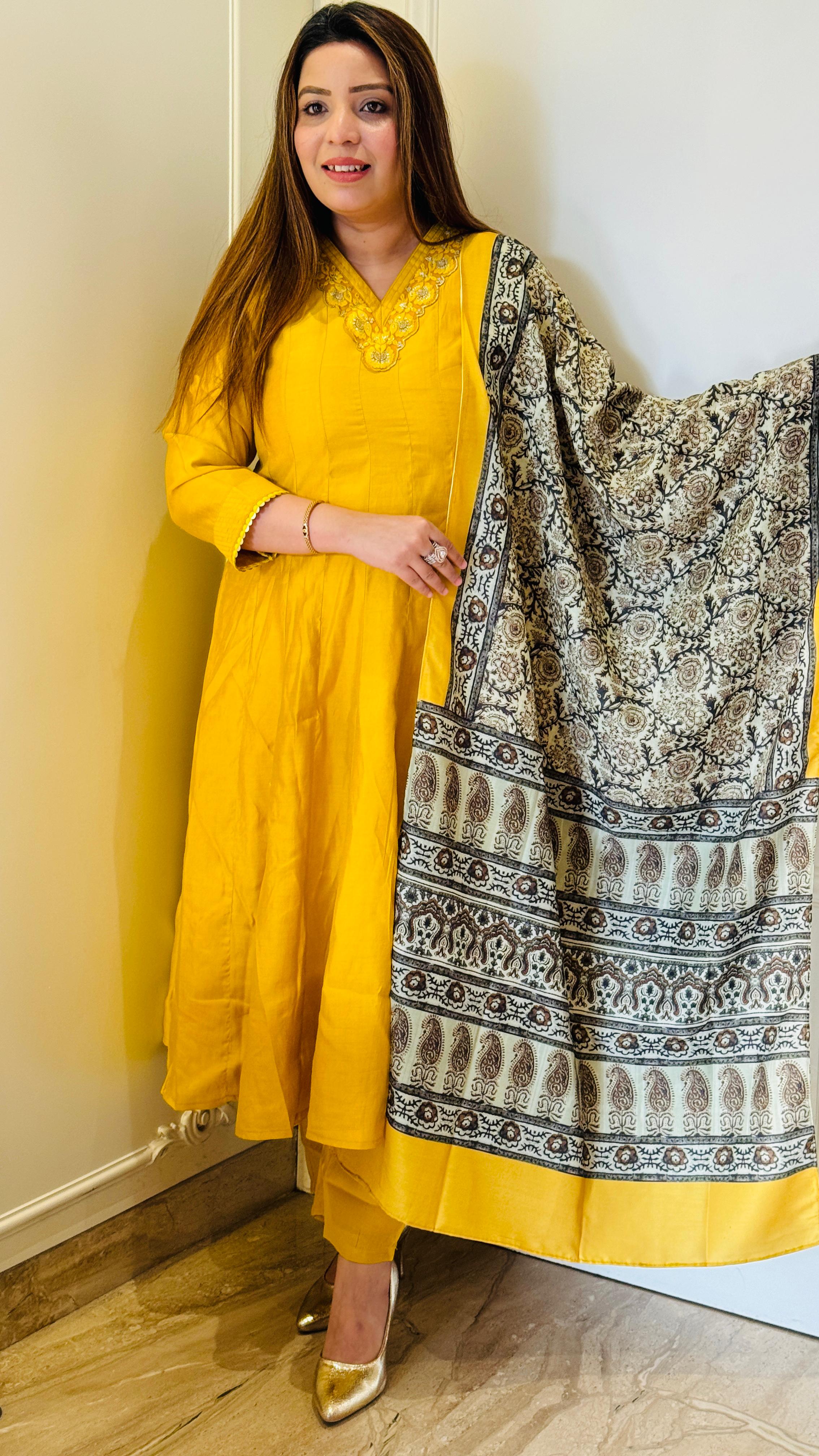 Ayesha Yellow Maslin Anarkali Suit Set