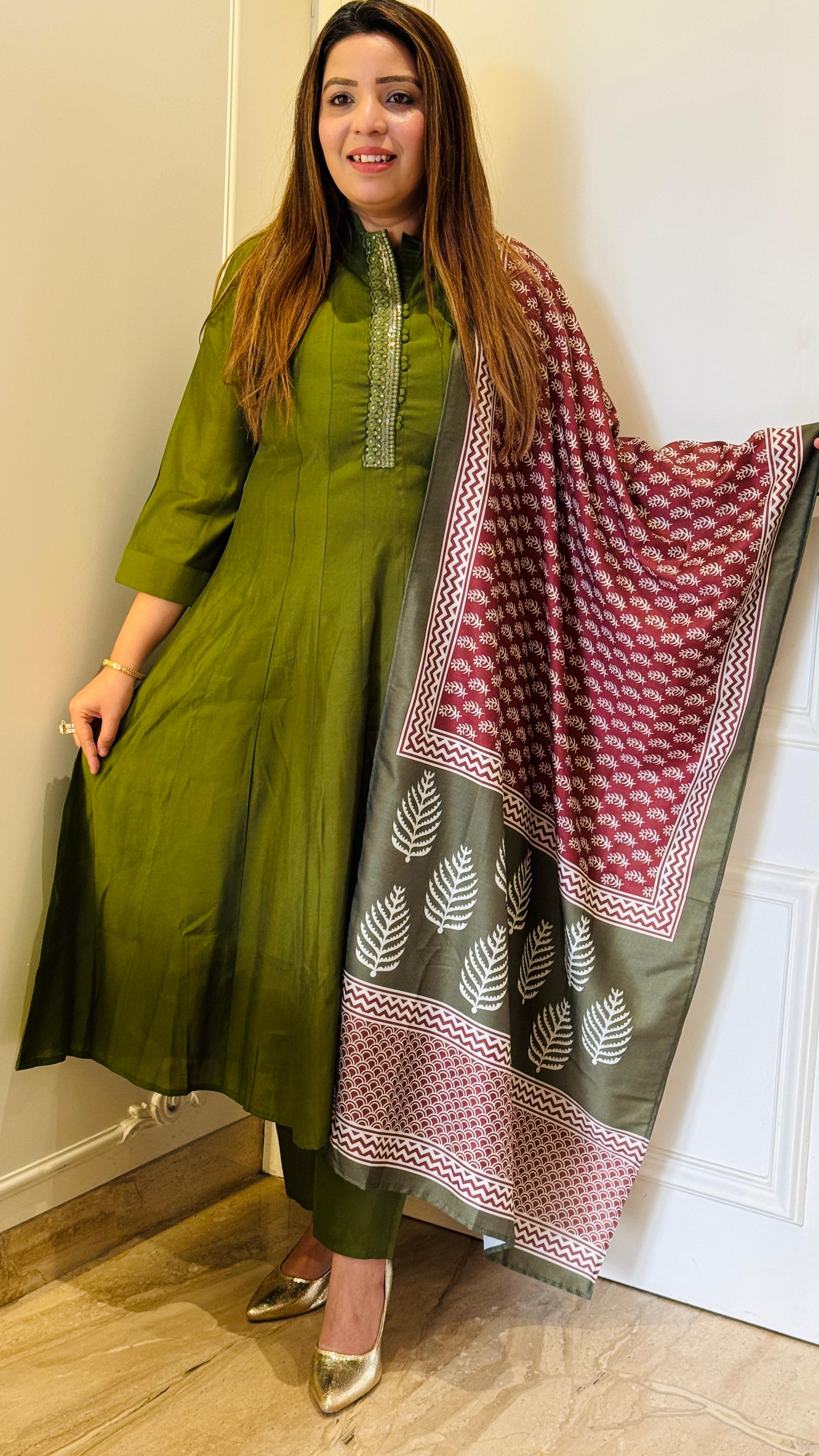 Olive Green Klali Anarkali Set