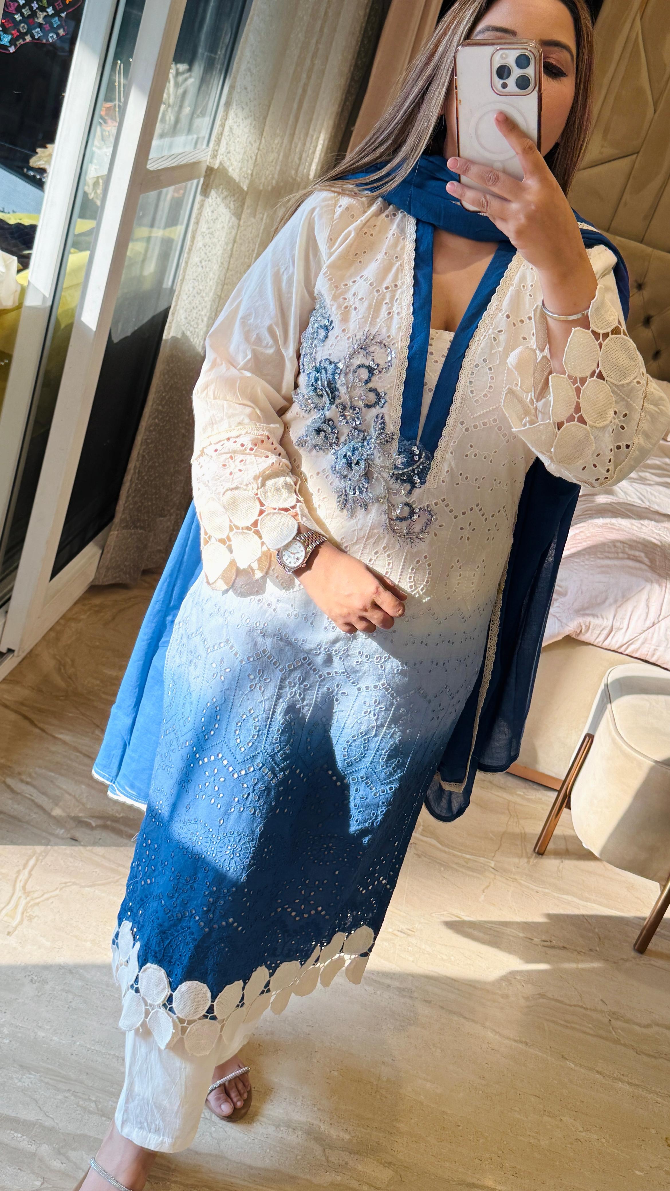 Royal Blue & Ivory White Anaya Schiffali Suit