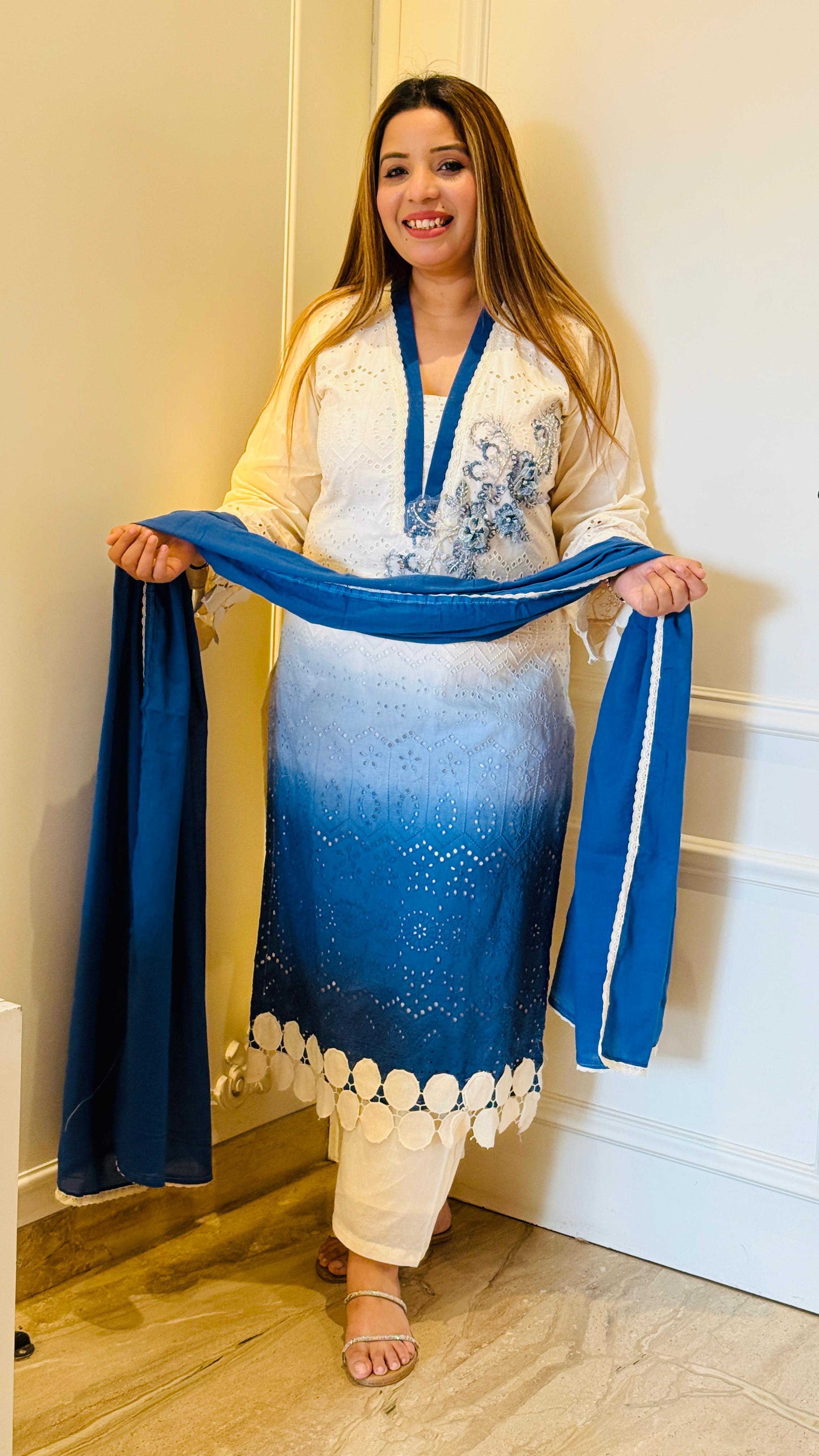 Royal Blue & Ivory White Anaya Schiffali Suit