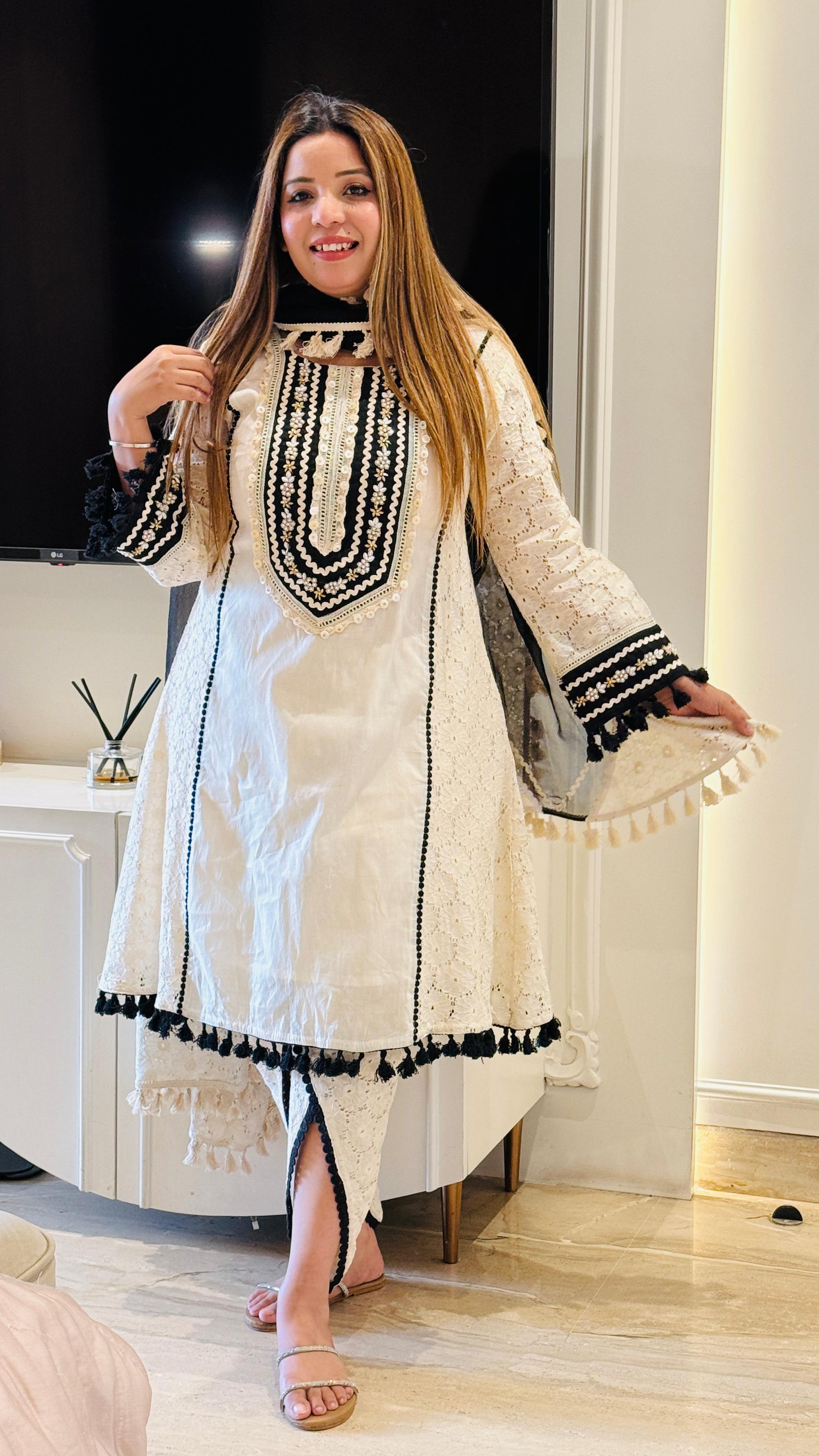 White with Black Zahira Schiffali Suit Set