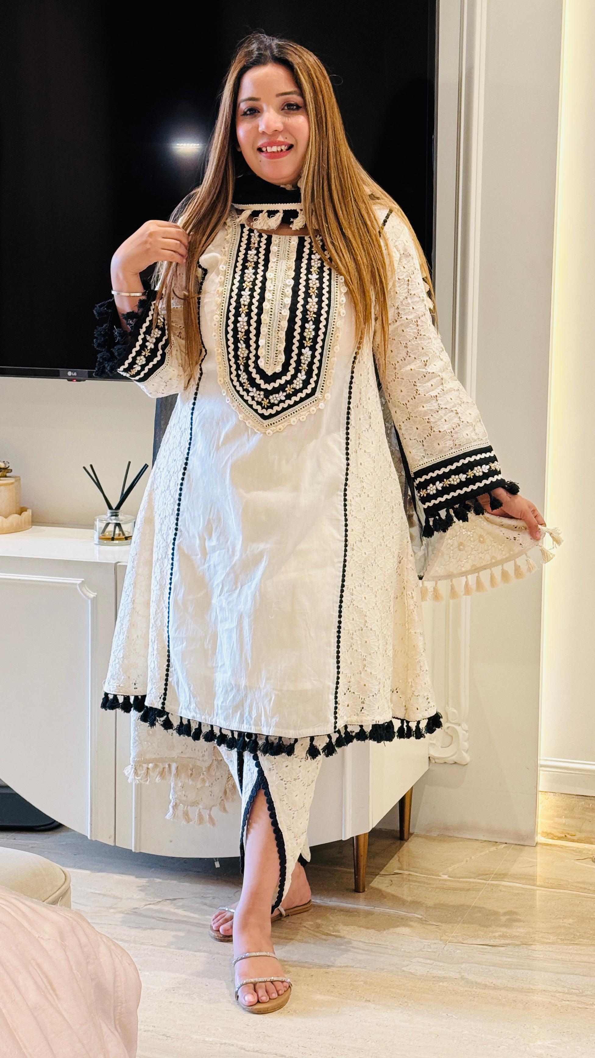 White with Black Zahira Schiffali Suit Set