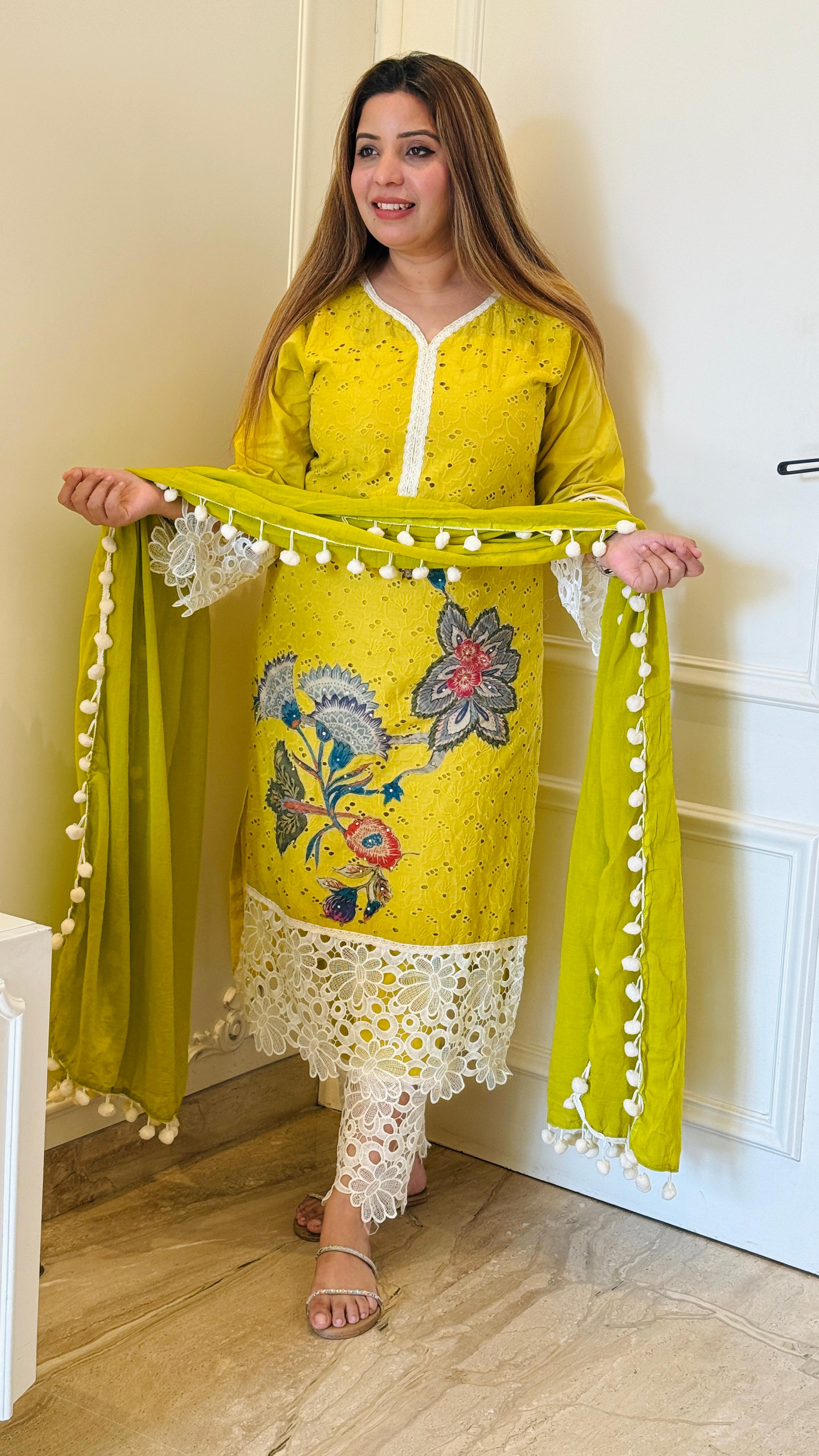 Lime Yellow Aarvi Schiffali Suit Set