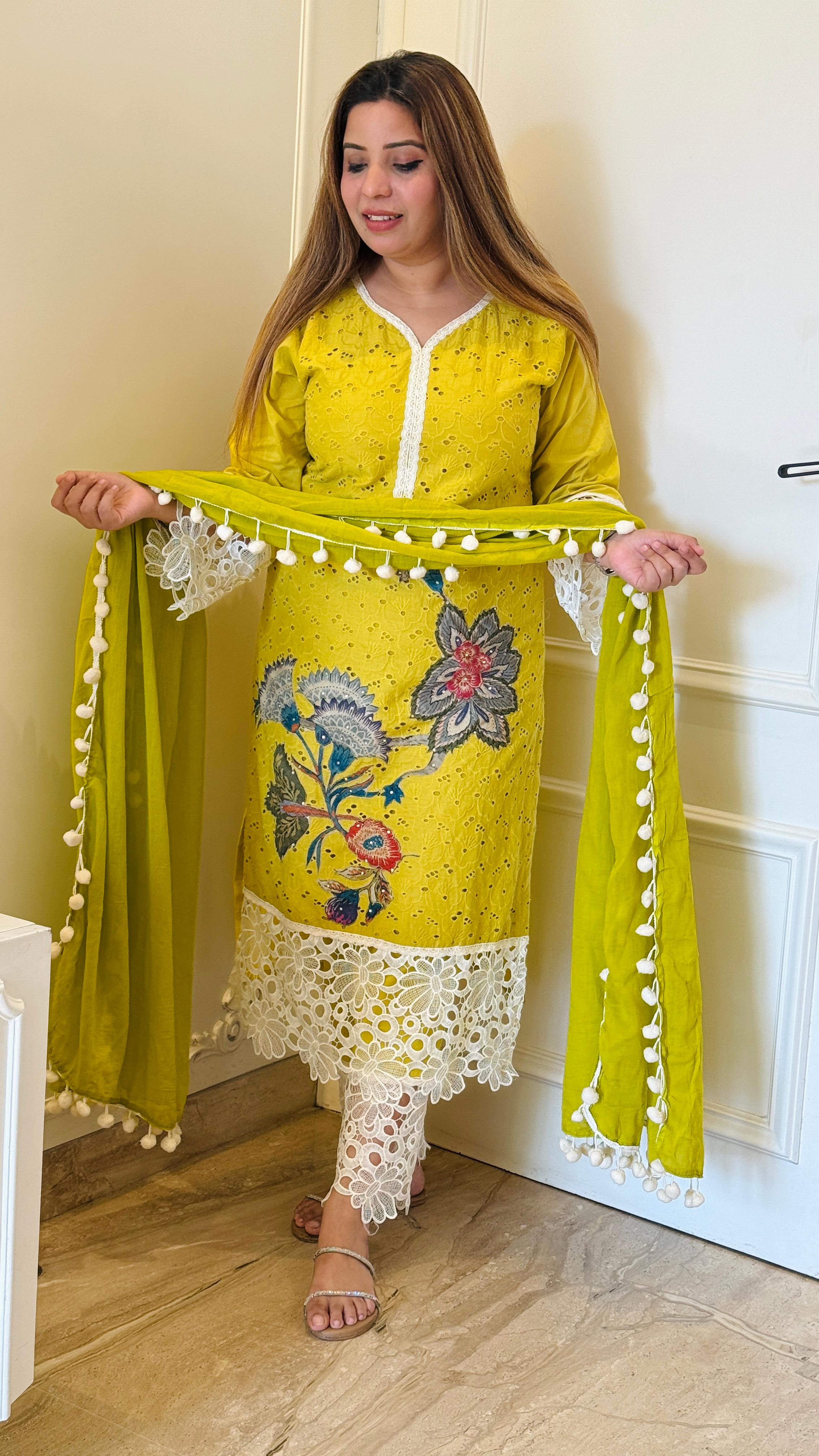 Lime Yellow Aarvi Schiffali Suit Set