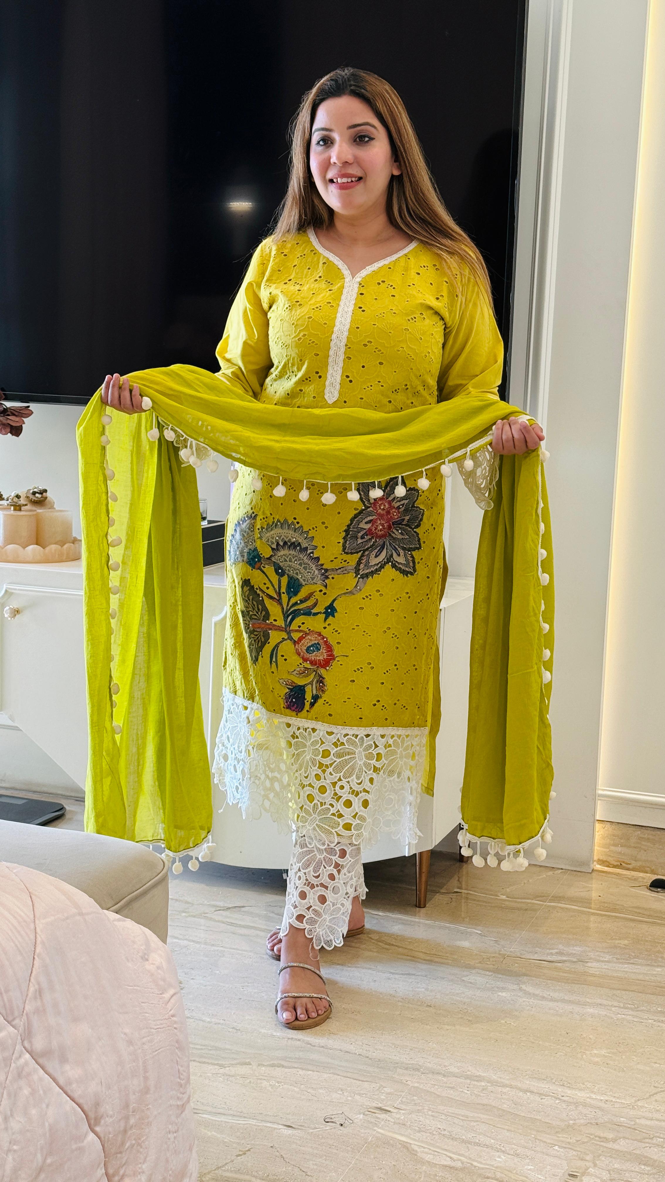 Lime Yellow Aarvi Schiffali Suit Set