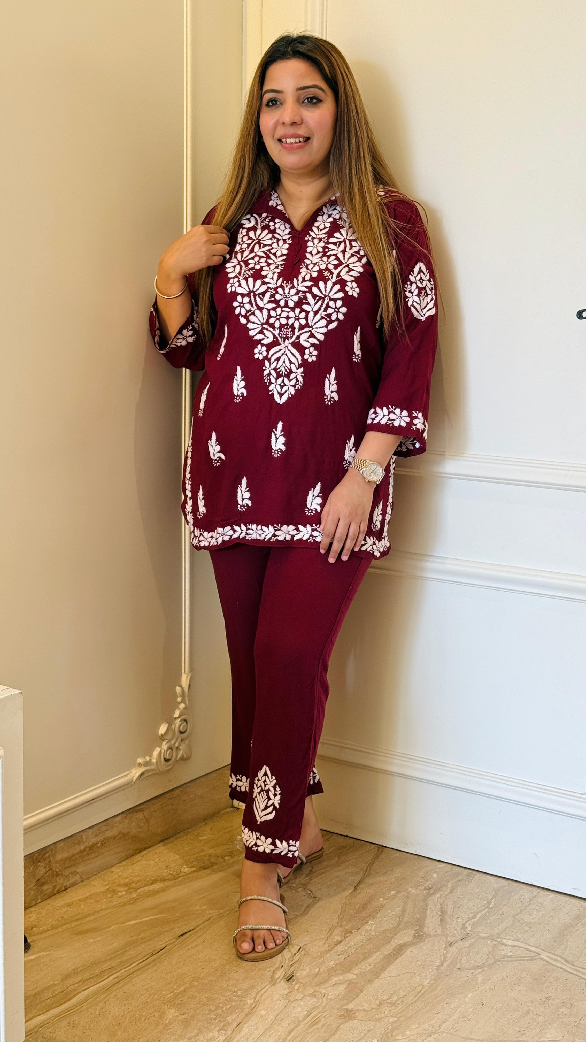 Maroon Noor Lakhnavi Rayon Co-ord Set