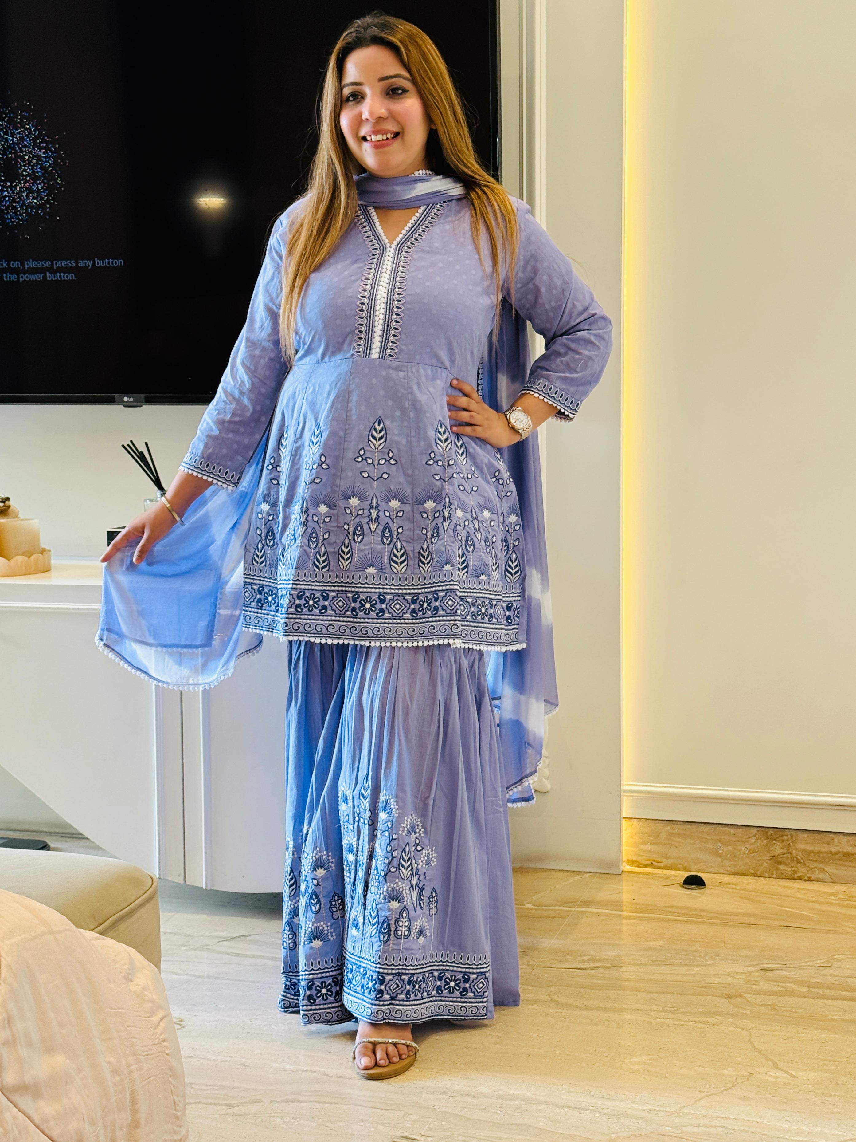 Sky Blue, Lavender, Pink Peplum Sharara Set