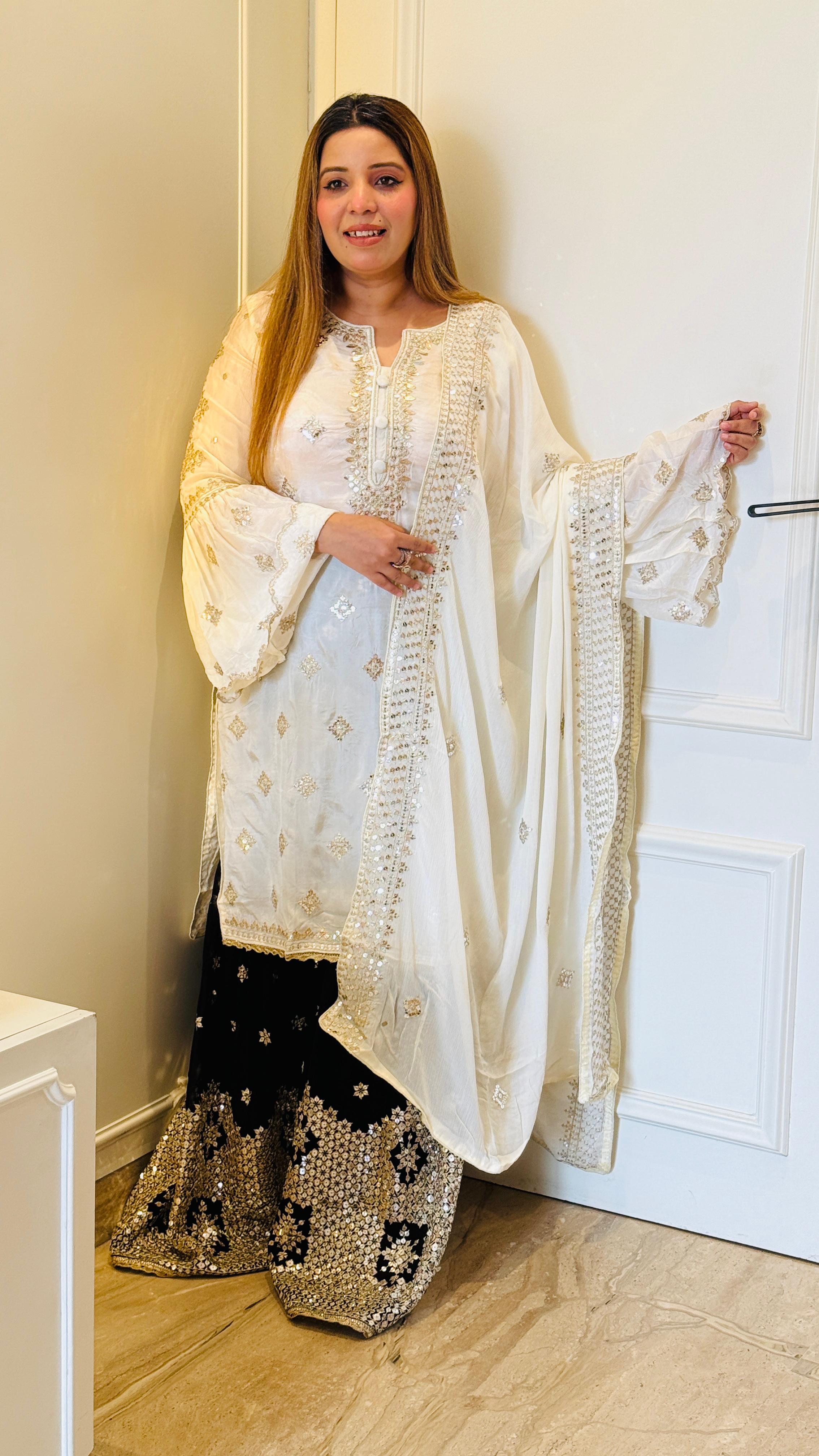 Glam Sequin Sharara Suit Set – White , Pink , Mint Green