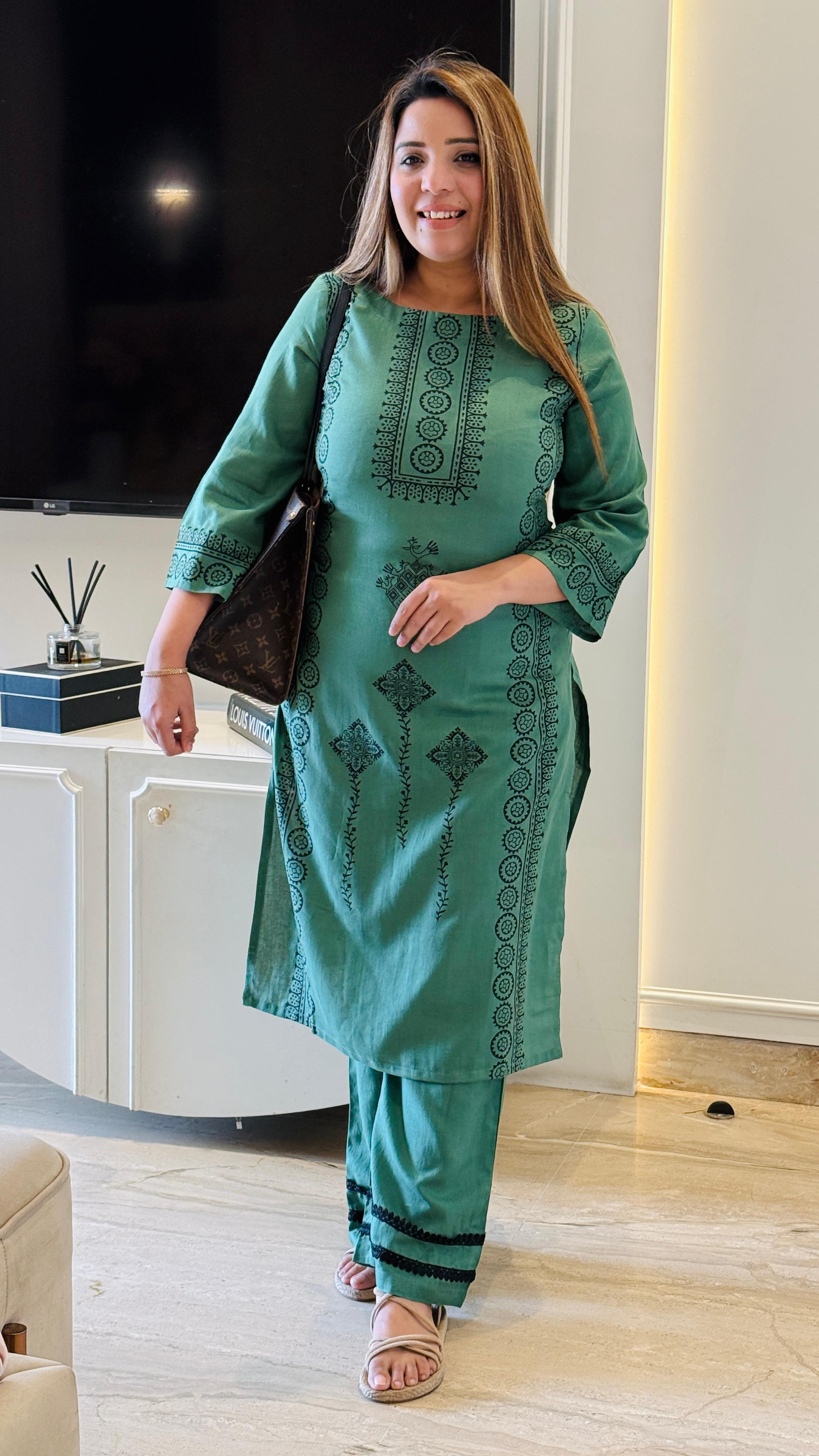 Green, Beige, Blue Cotton Slub Digital Print Kurta Set