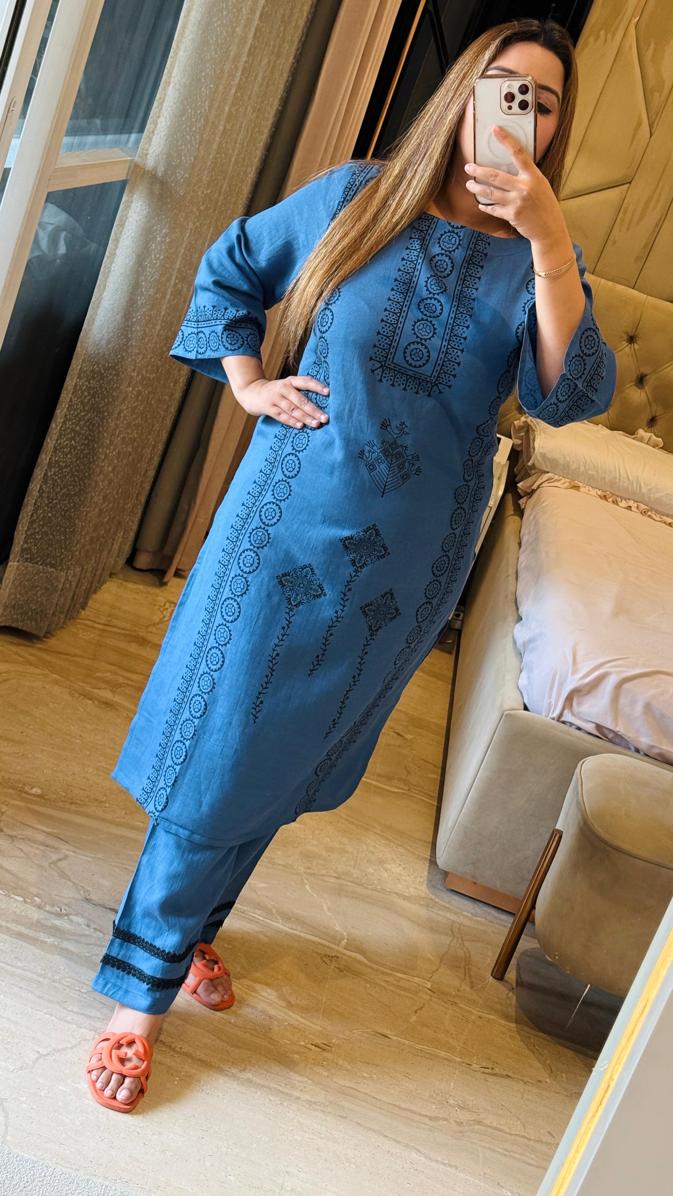 Green, Beige, Blue Cotton Slub Digital Print Kurta Set