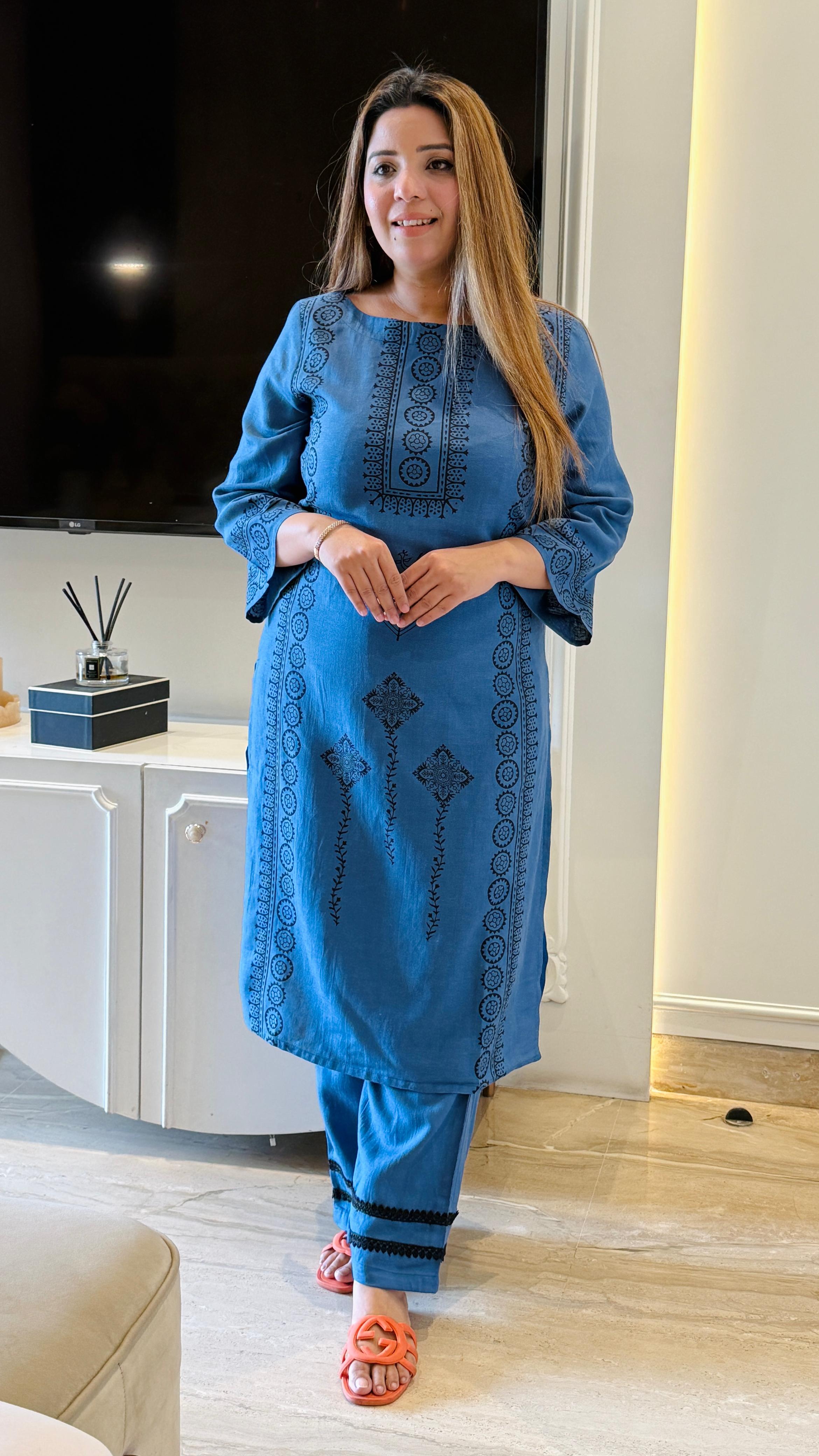 Green, Beige, Blue Cotton Slub Digital Print Kurta Set