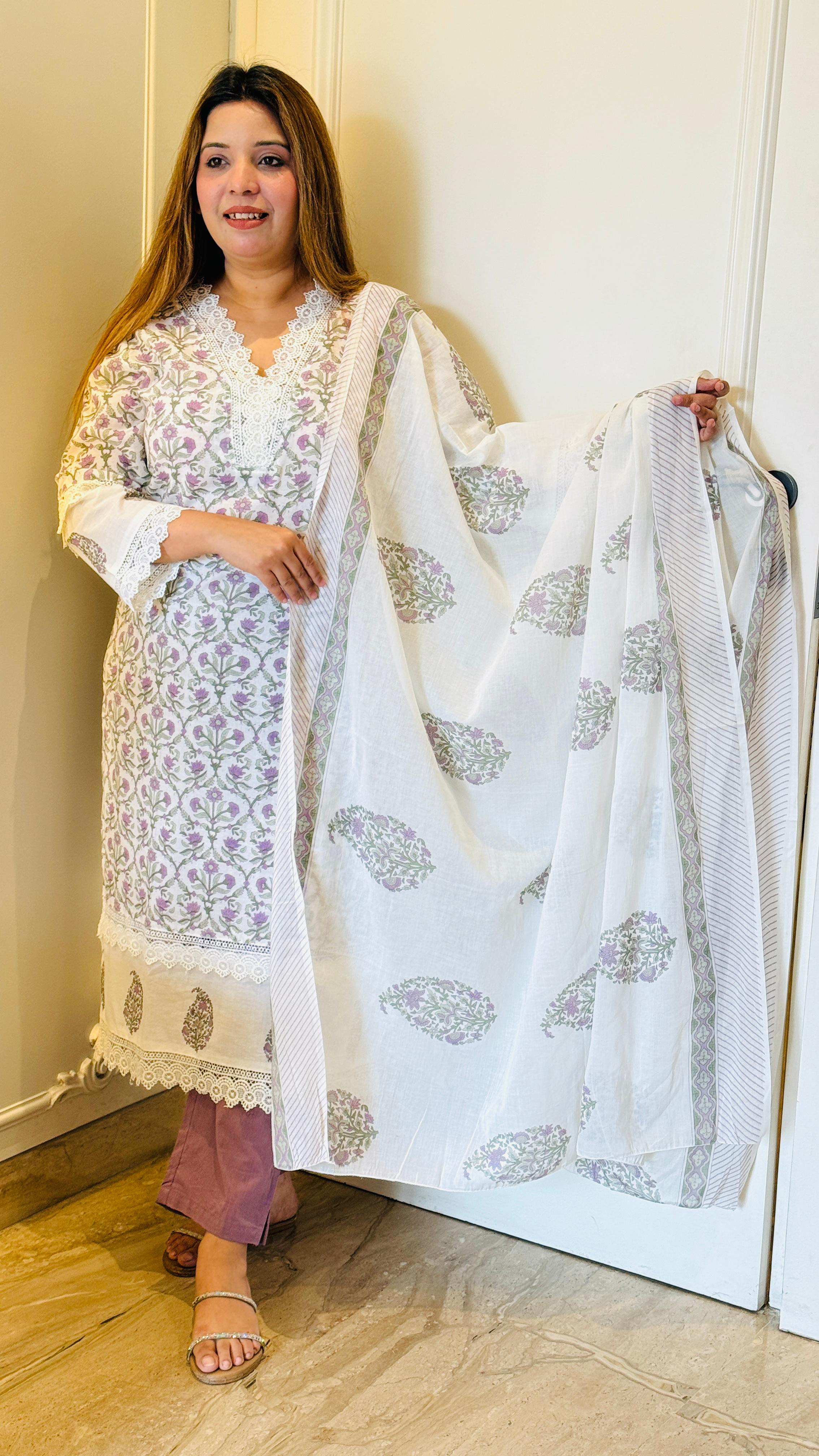 Aira Cotton Print Suit Set- Lavender & Blue