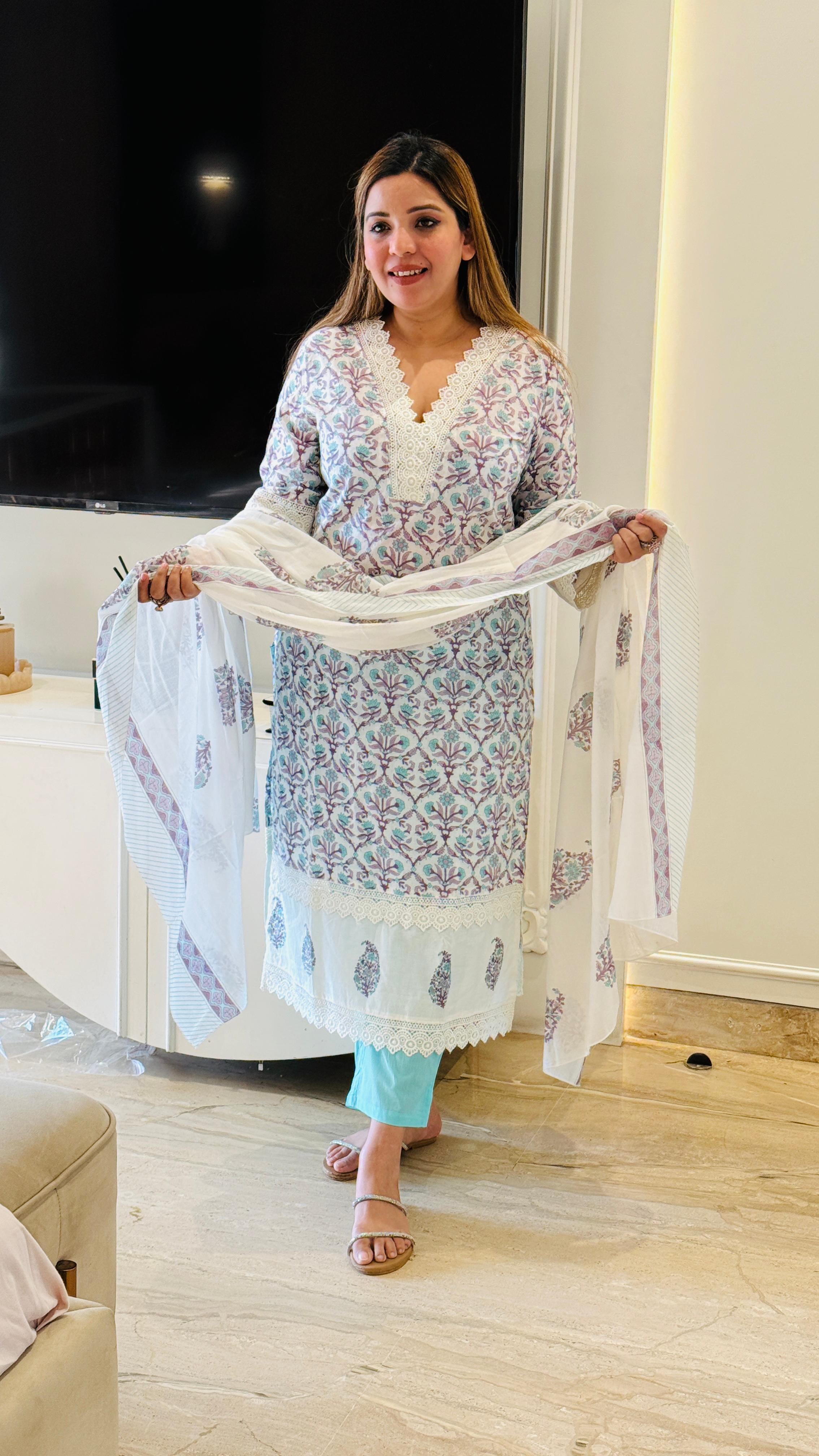 Aira Cotton Print Suit Set- Lavender & Blue