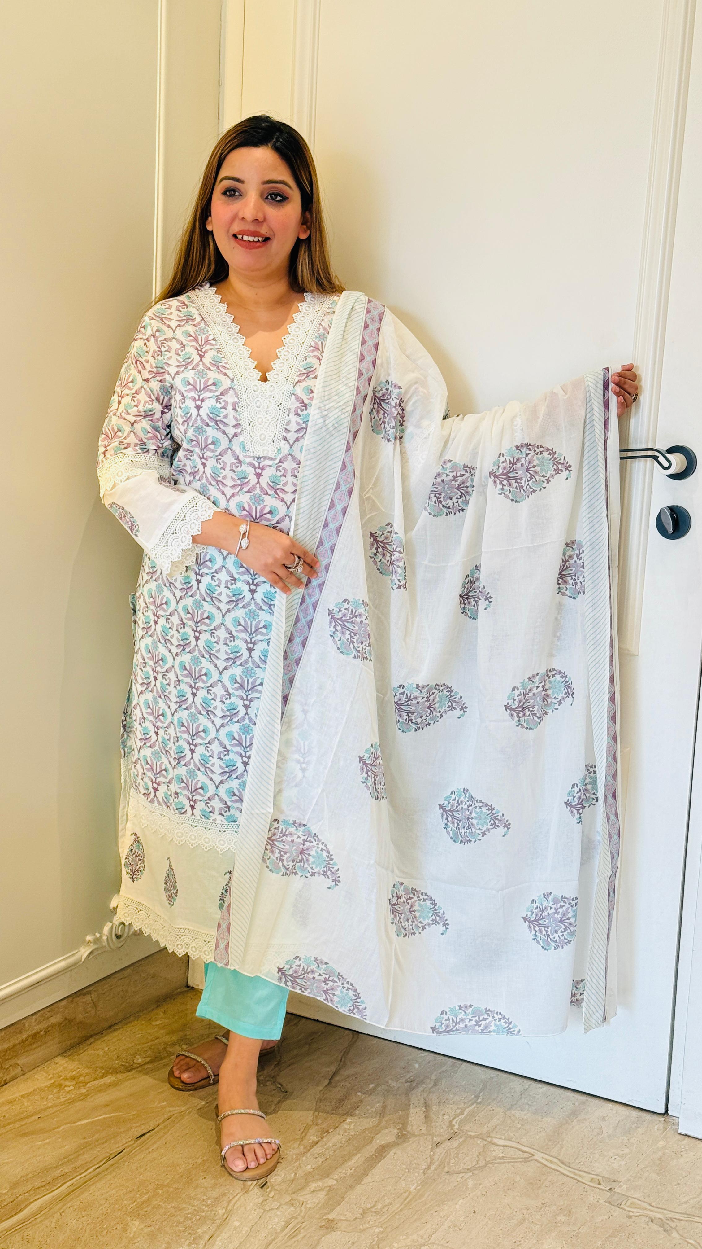 Aira Cotton Print Suit Set- Lavender & Blue