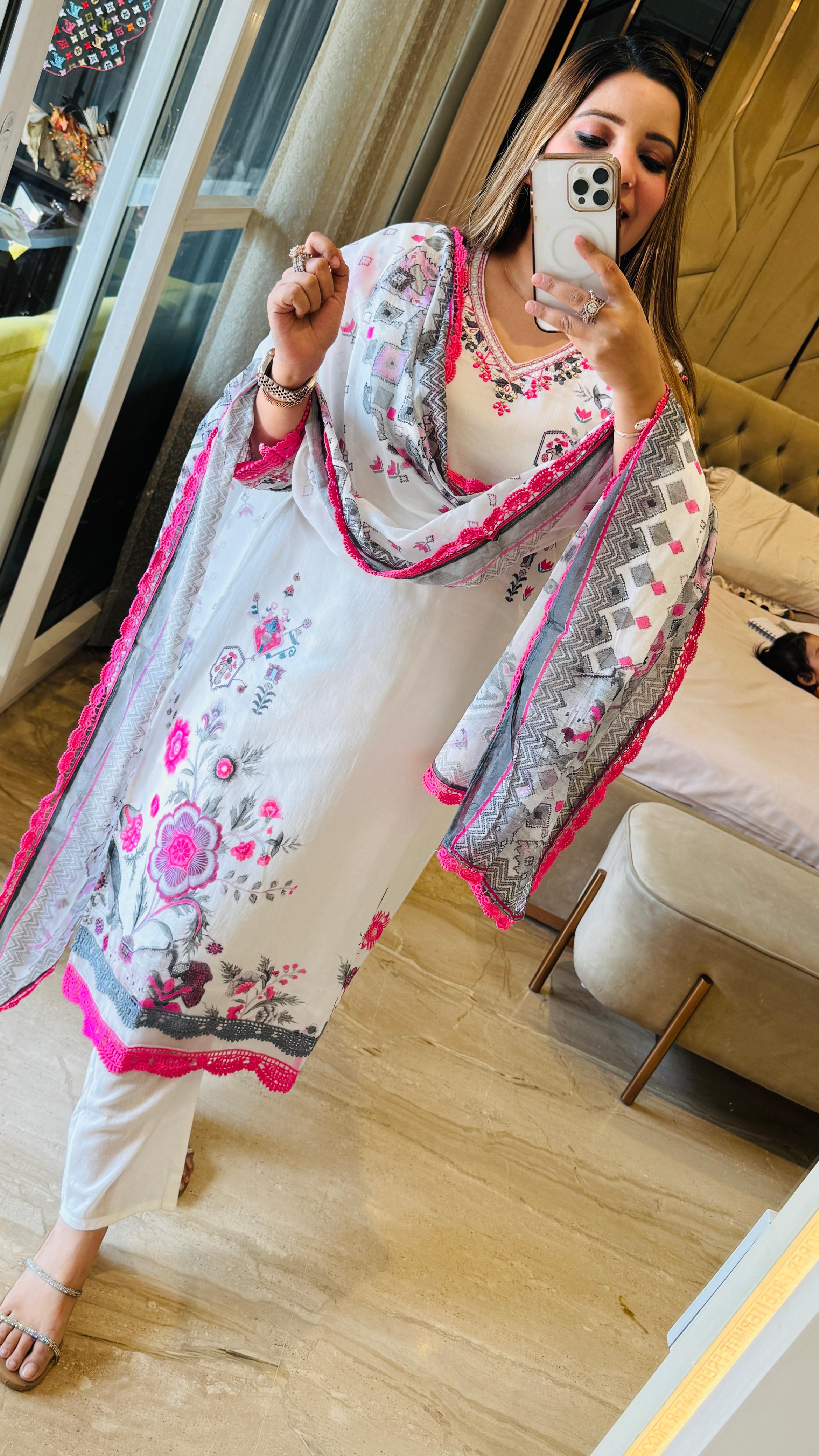 Blossom Mal Cotton Suit Set- Pink, Grey, Yellow