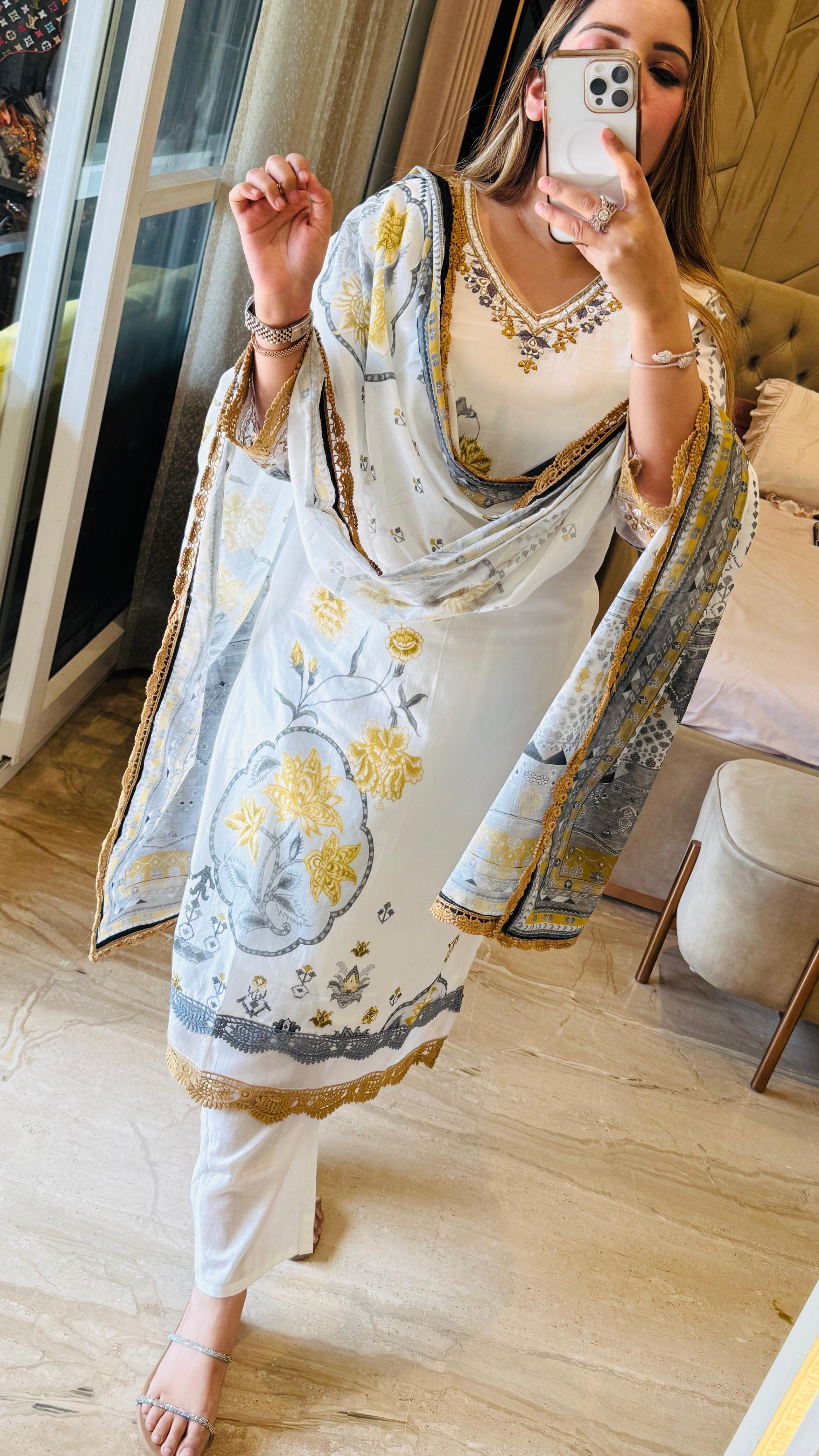 Blossom Mal Cotton Suit Set- Pink, Grey, Yellow