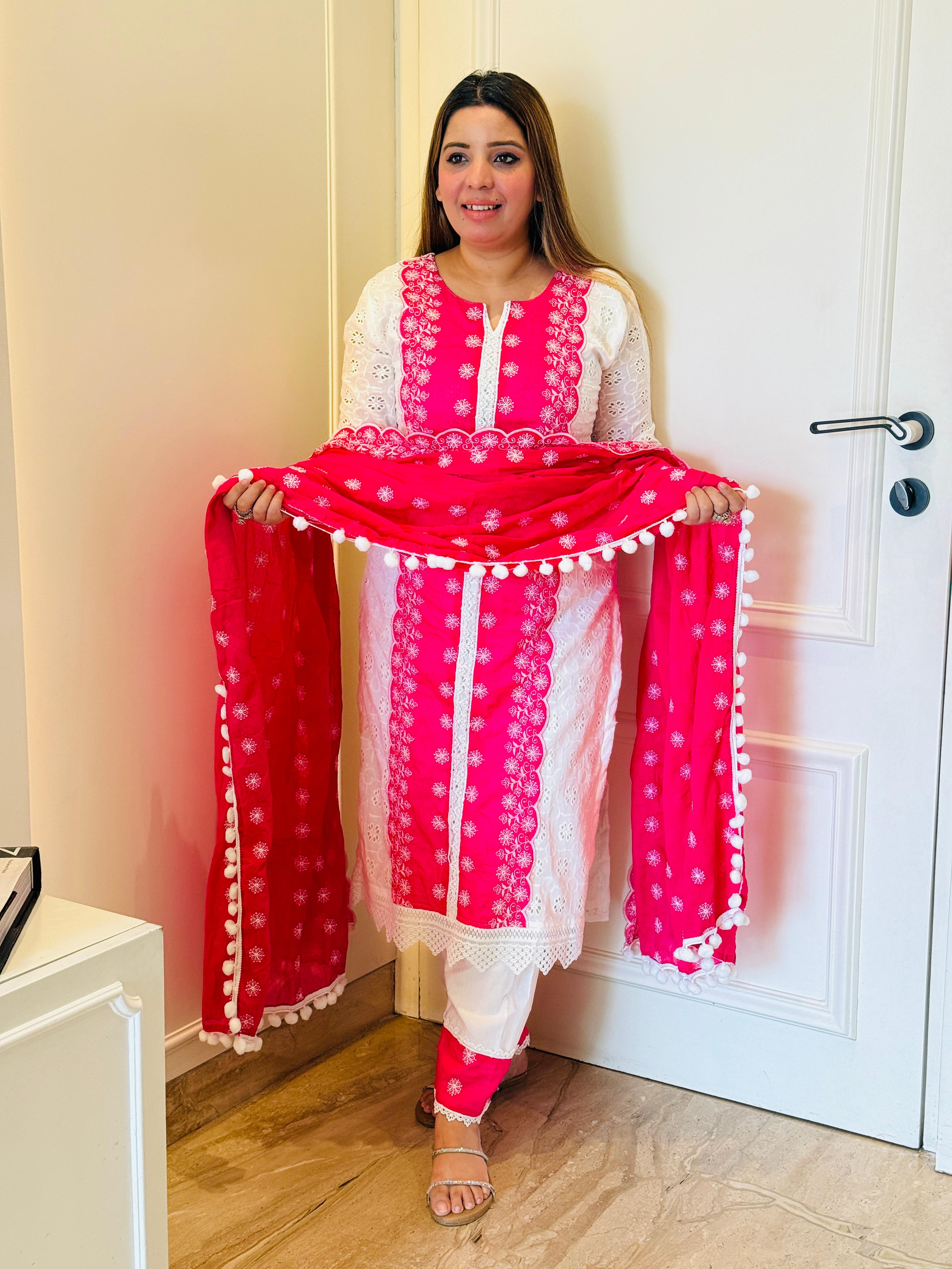 Schiffli Pom-Pom Suit Set- Pink