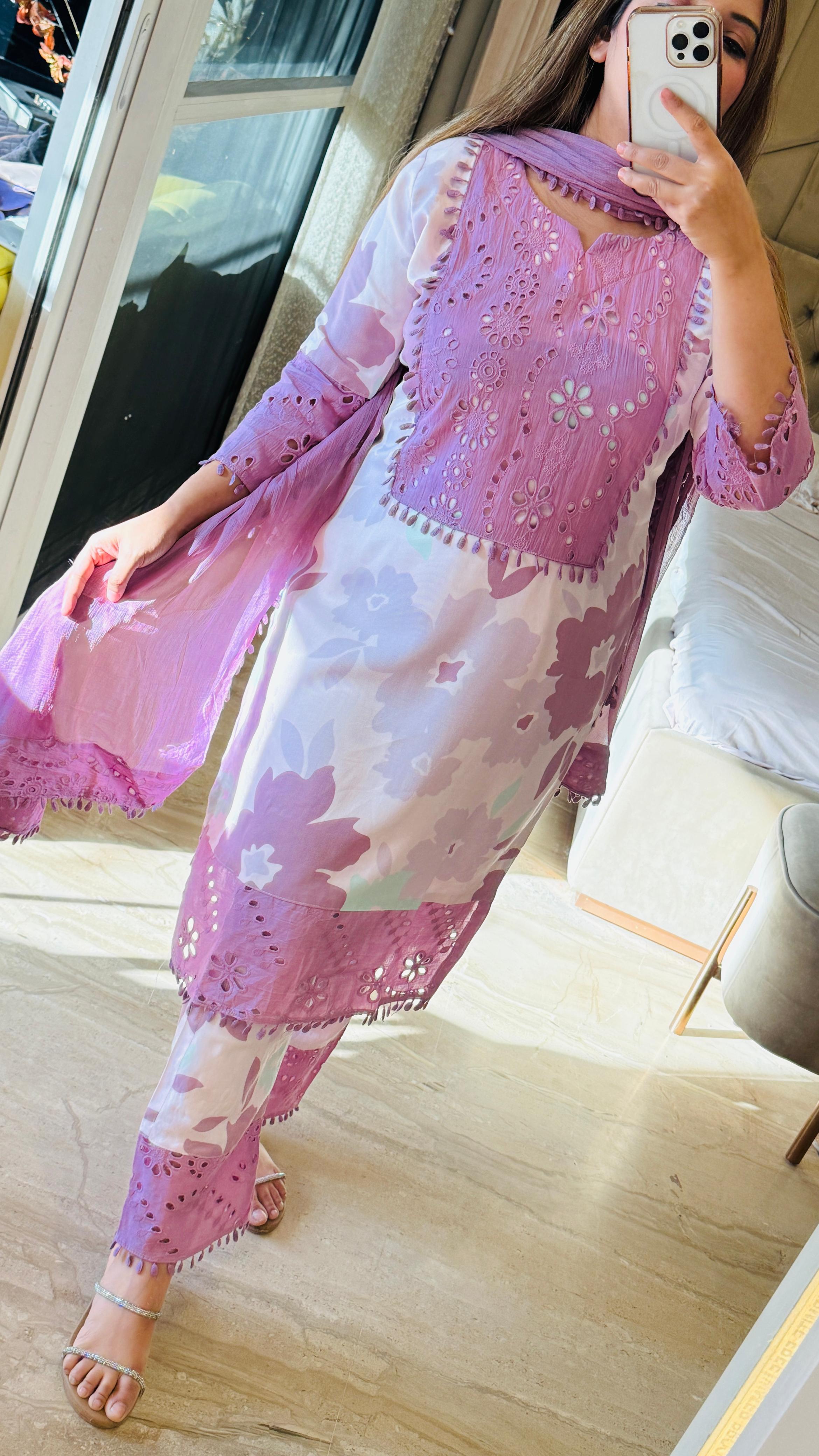 Rayon Lace Elegance Suit- Purple