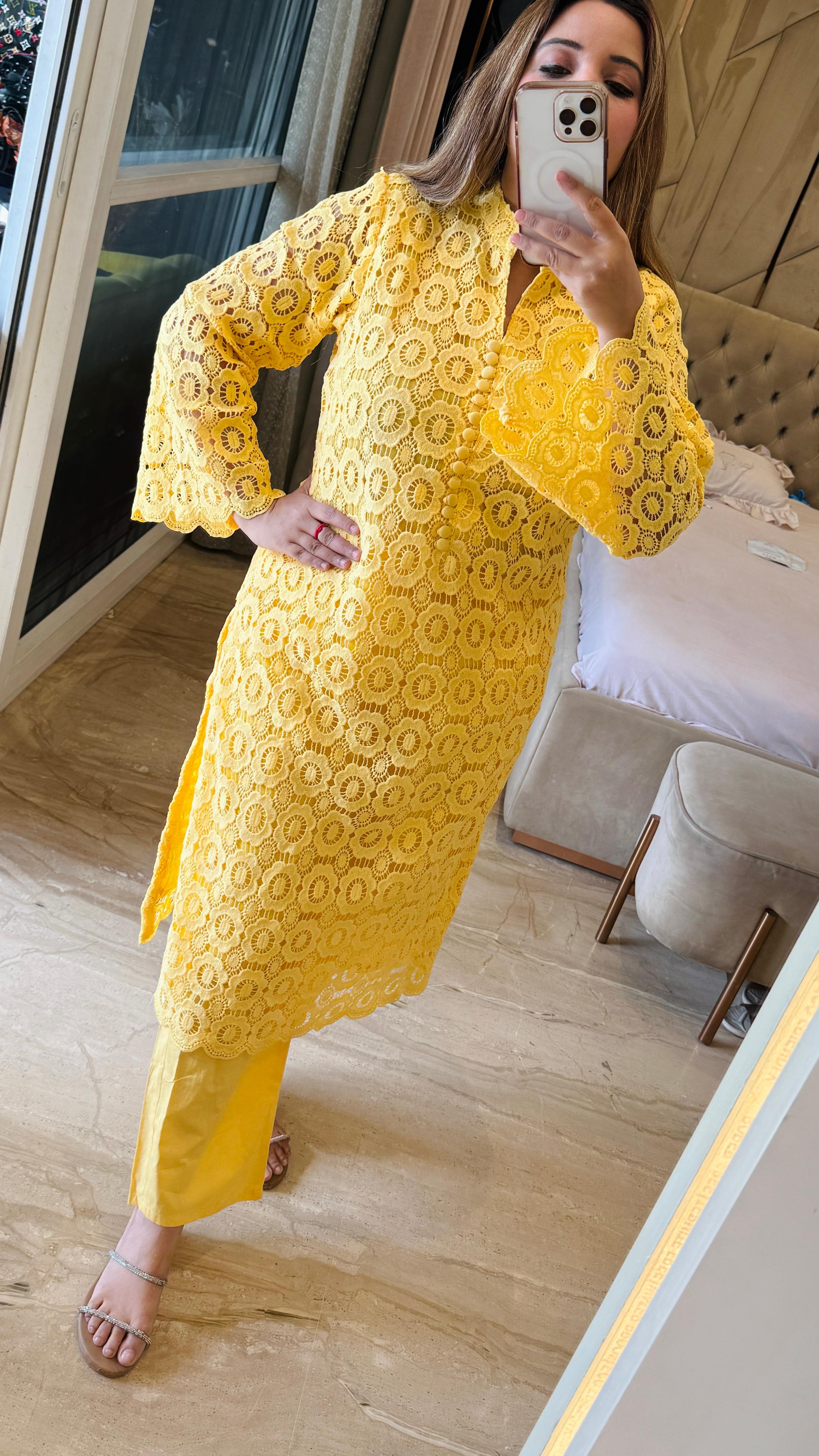 Zayna Net Scallop Set - Yellow , Green