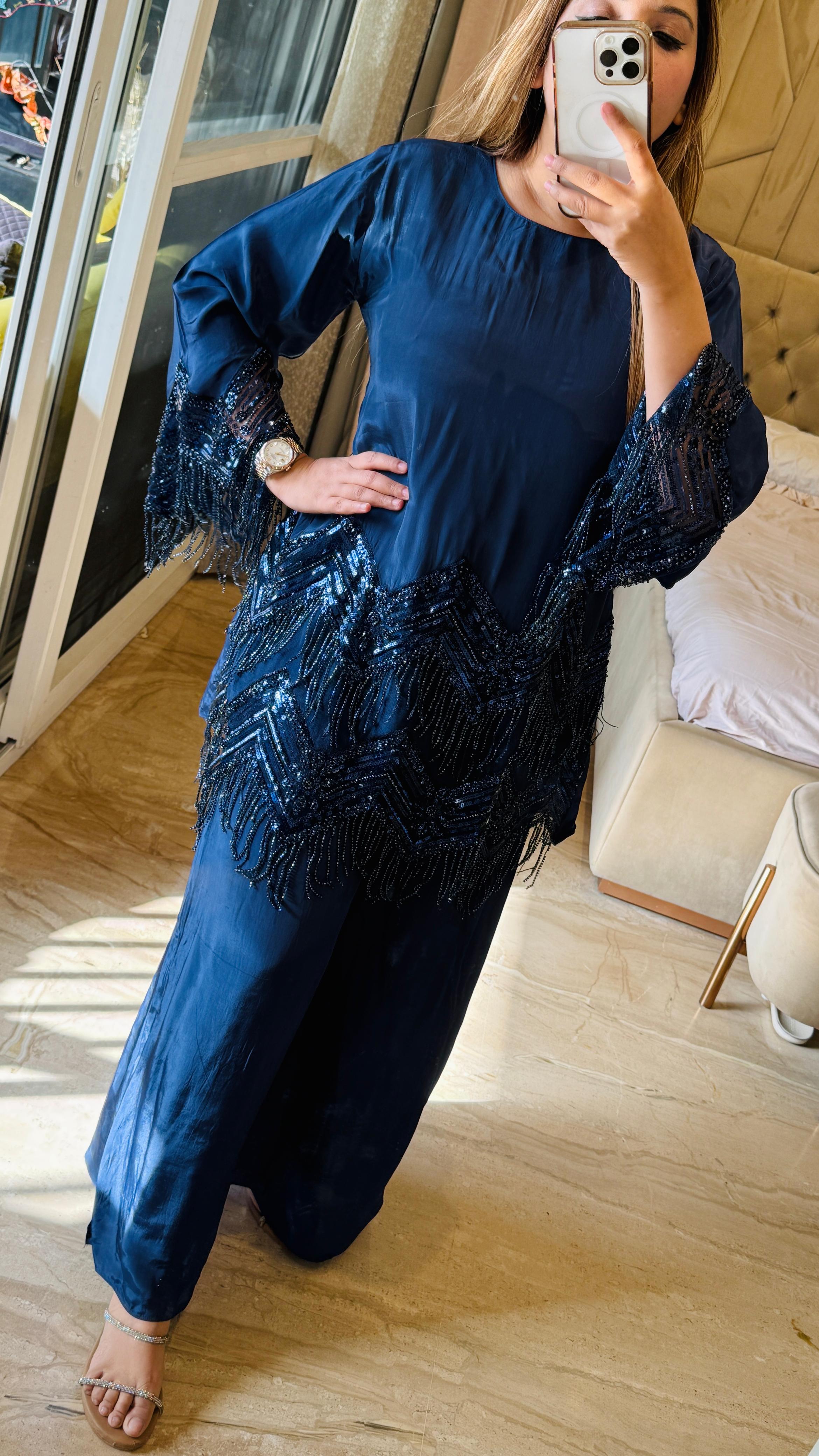 Black & Blue- Serena Premium Plazo Set