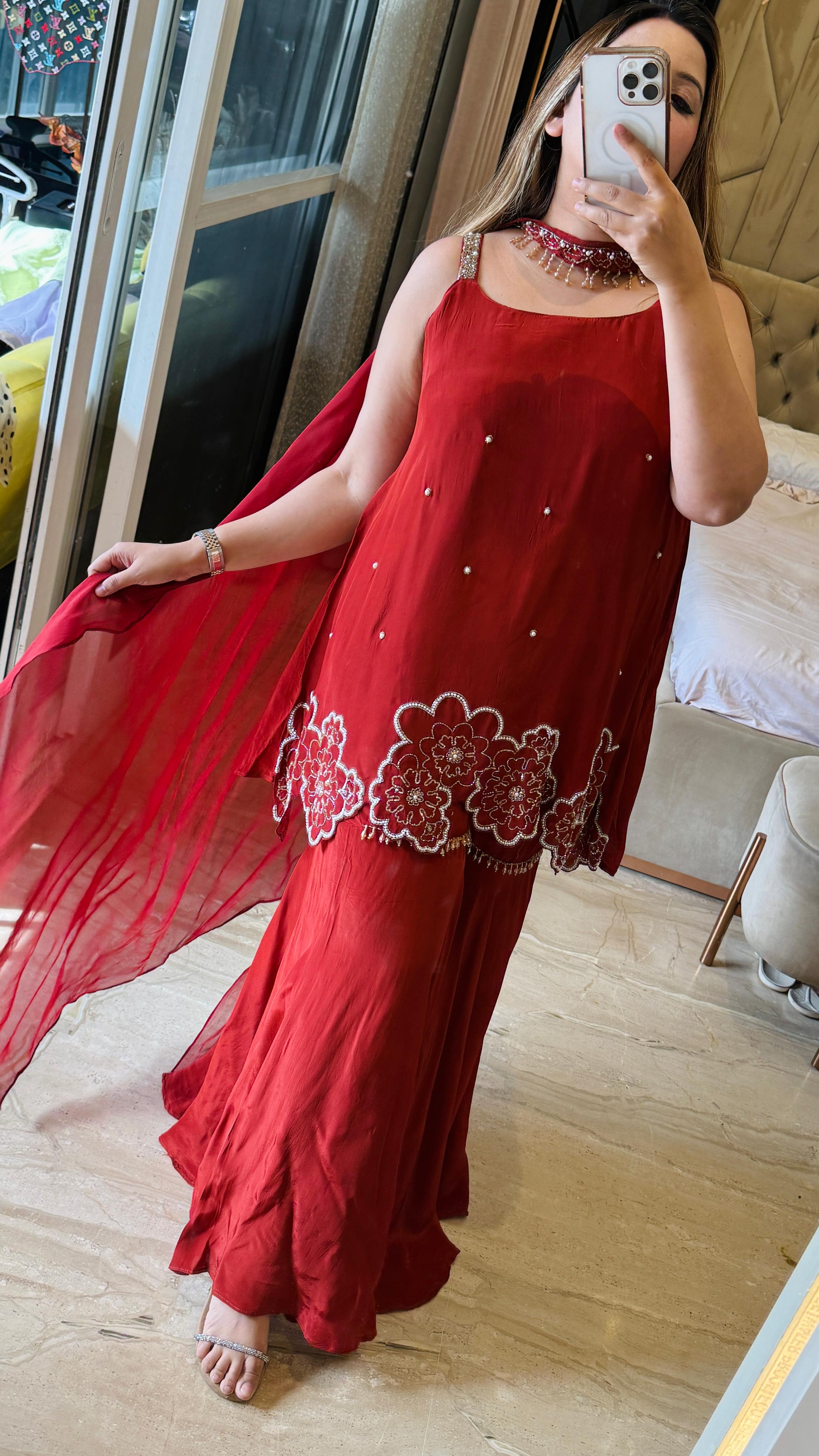 Luxe Crape Indo-Western Set- Maroon