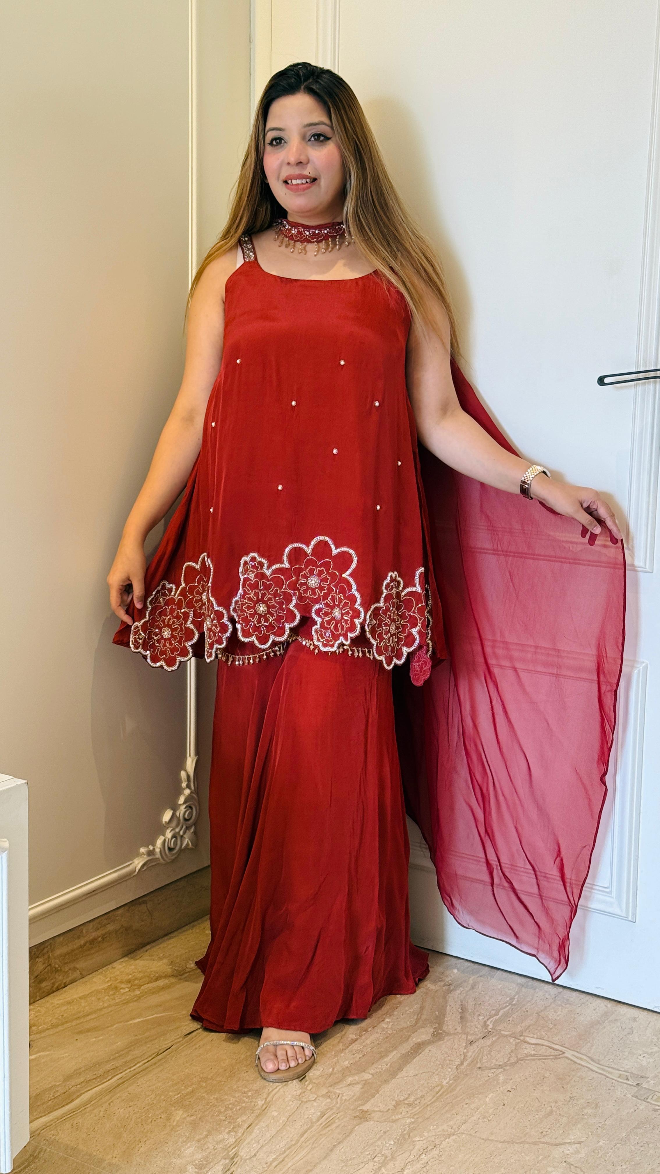 Luxe Crape Indo-Western Set- Maroon