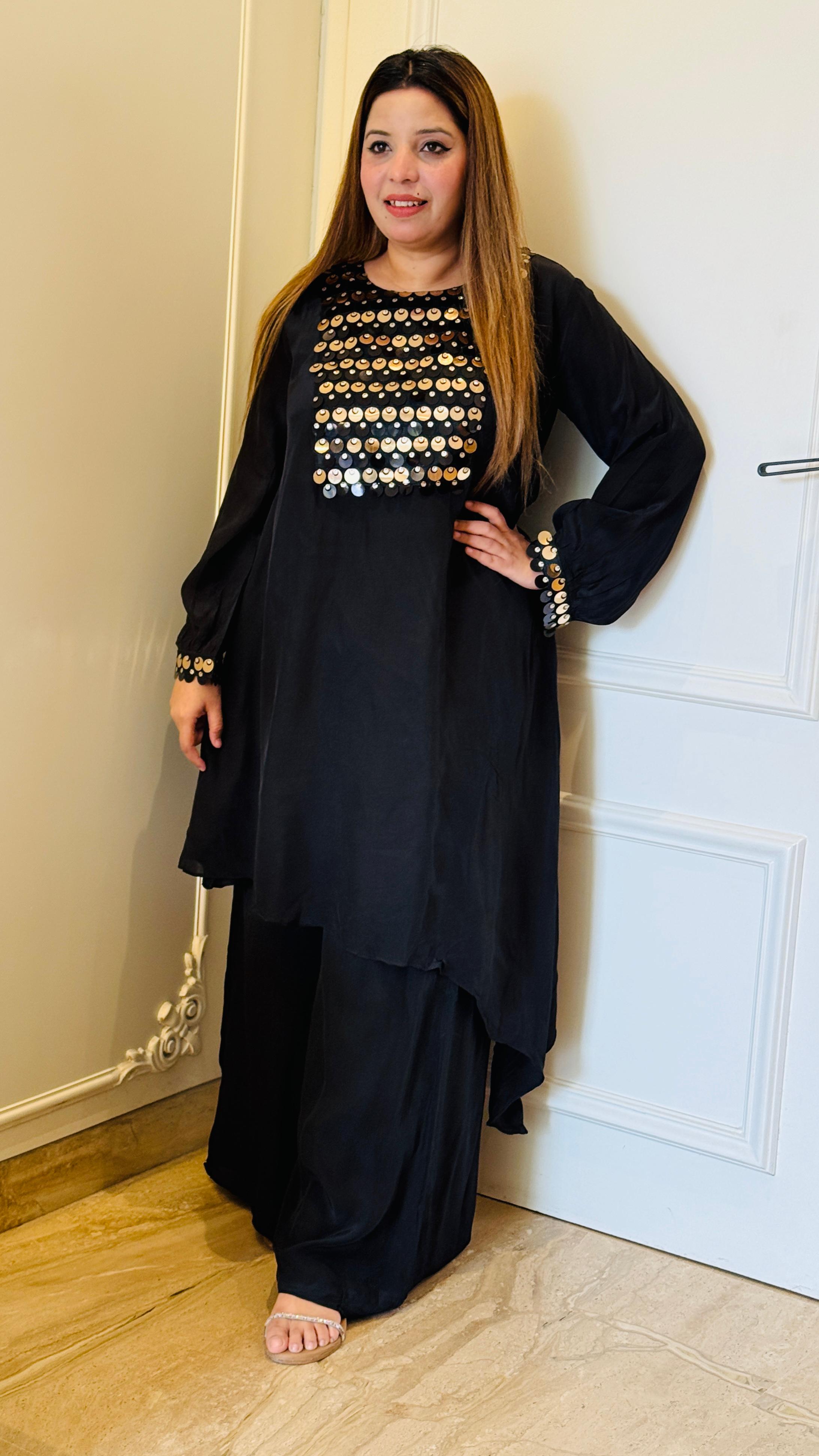 Regal Crape Indo-Western Set- Black