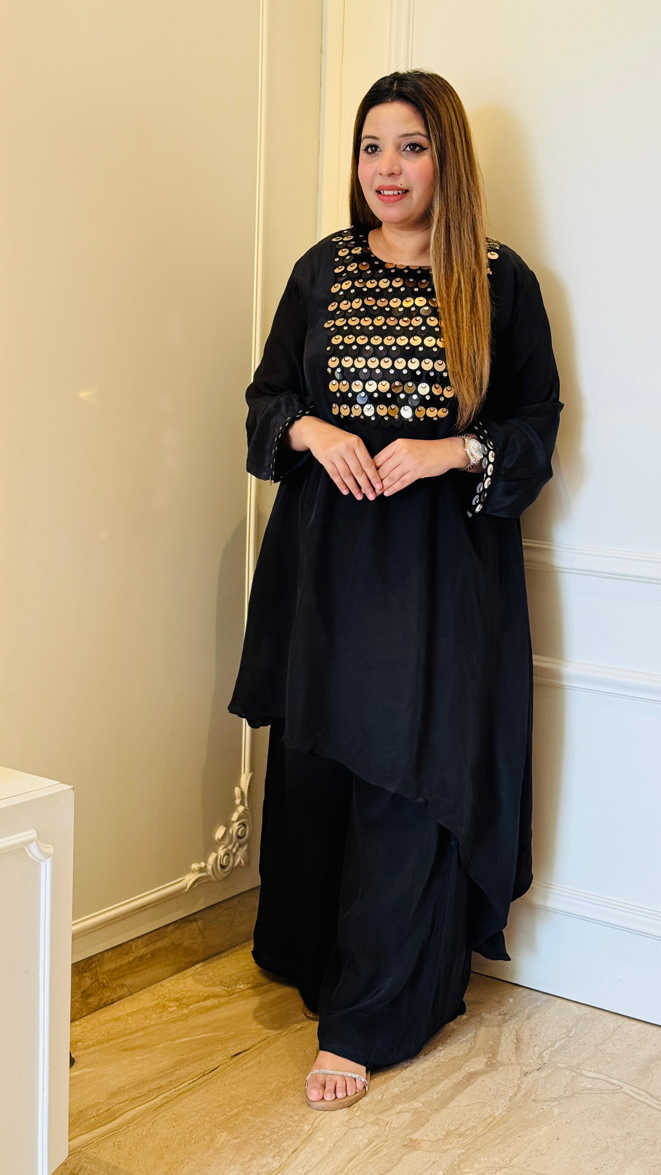 Regal Crape Indo-Western Set- Black