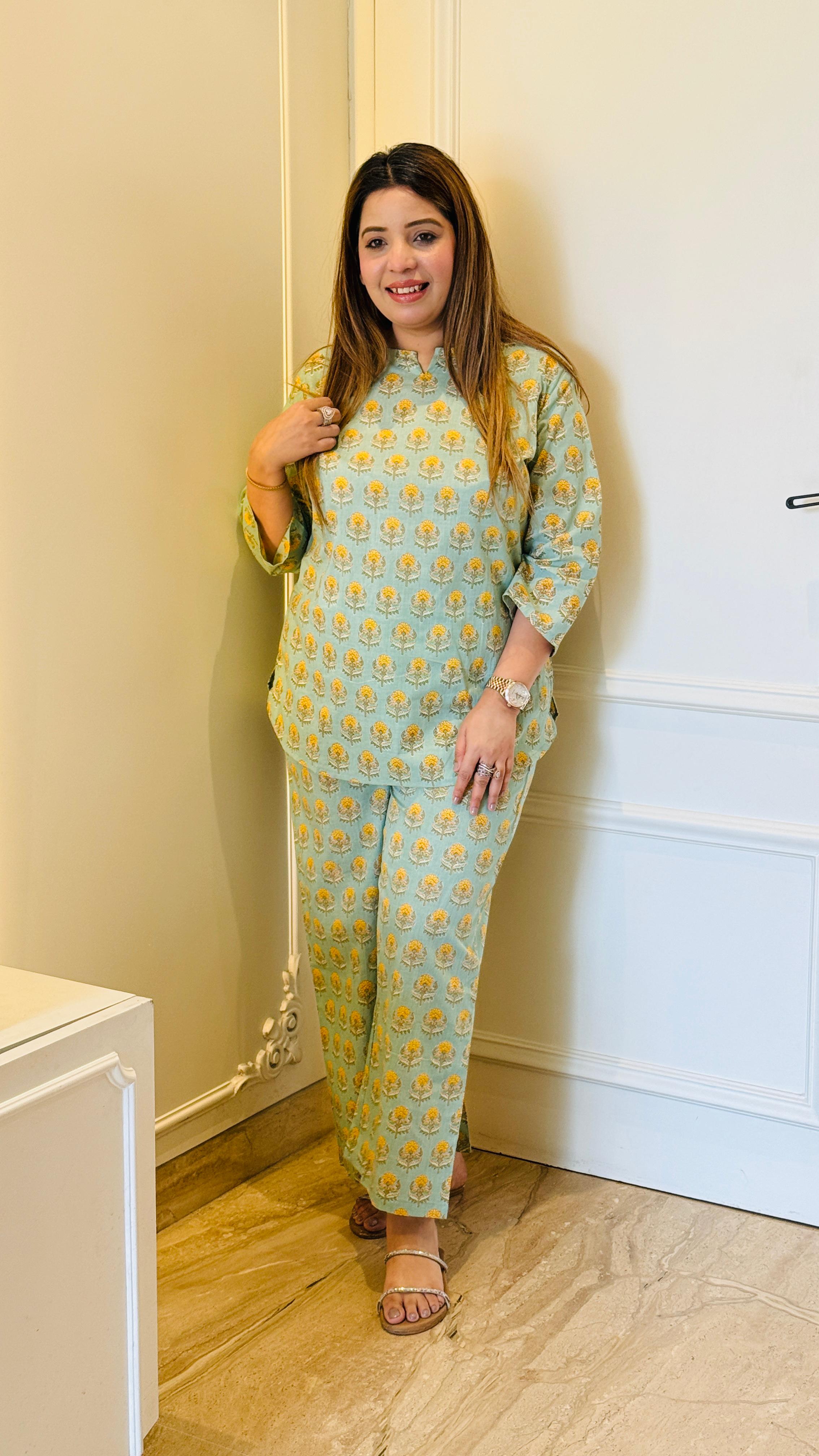 Floral Charm Cotton Co-ord Set (Green)