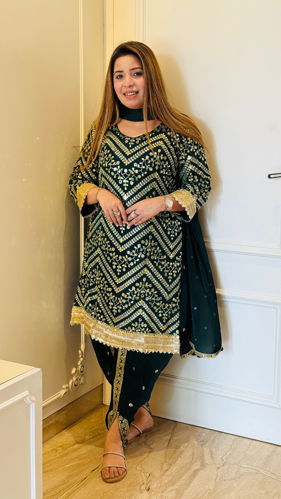 Regal Handwork Patiala Set- Dark Green, Red