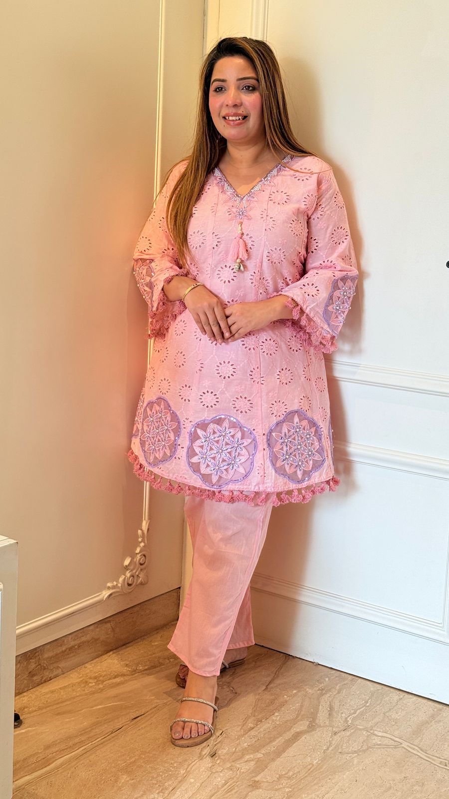 Chikankari Charm Cordset (Pink, Purple)