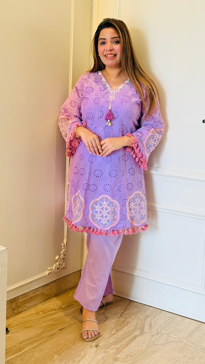 Chikankari Charm Cordset (Pink, Purple)