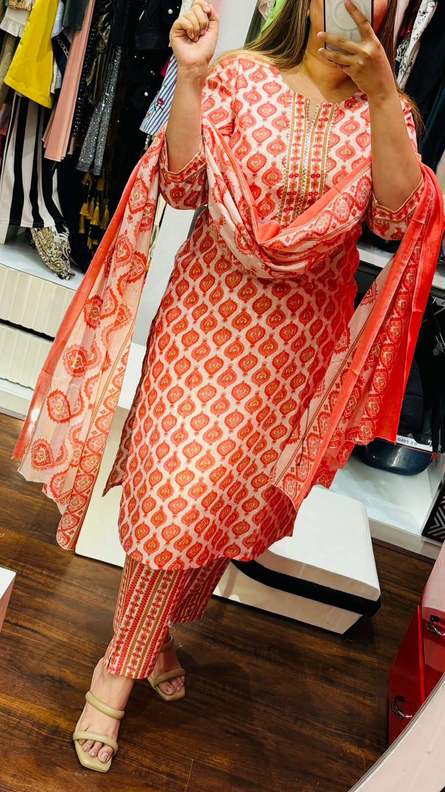 Gulzar Suit Set- Green, Orange