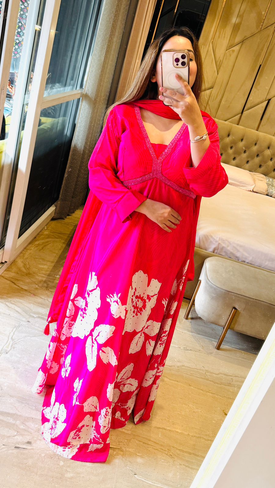 Priti Satin Anarkali- Pink ,Beige, Black