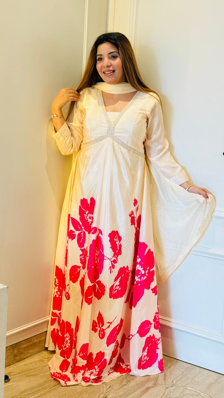 Priti Satin Anarkali- Pink ,Beige, Black