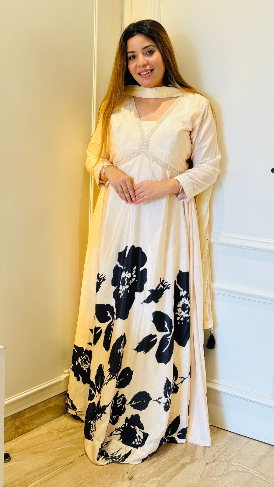 Priti Satin Anarkali- Pink ,Beige, Black